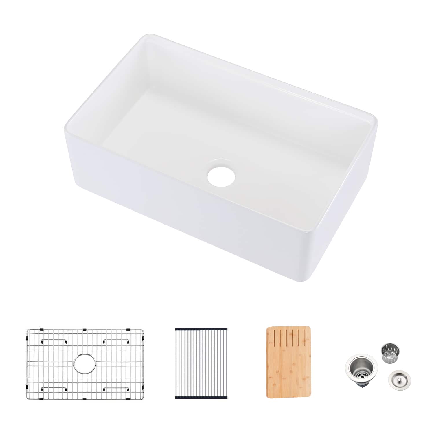 APRILSOUL - Fireclay 30 in L X 20 in W Workstation Farmhouse Kitchen Sink With Accessories - White