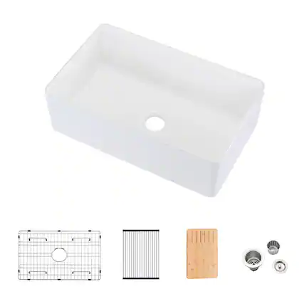Front. TinyHomie - 33x20 Inch Fireclay Workstation Farmhouse Kitchen Sink with Accessories - White.