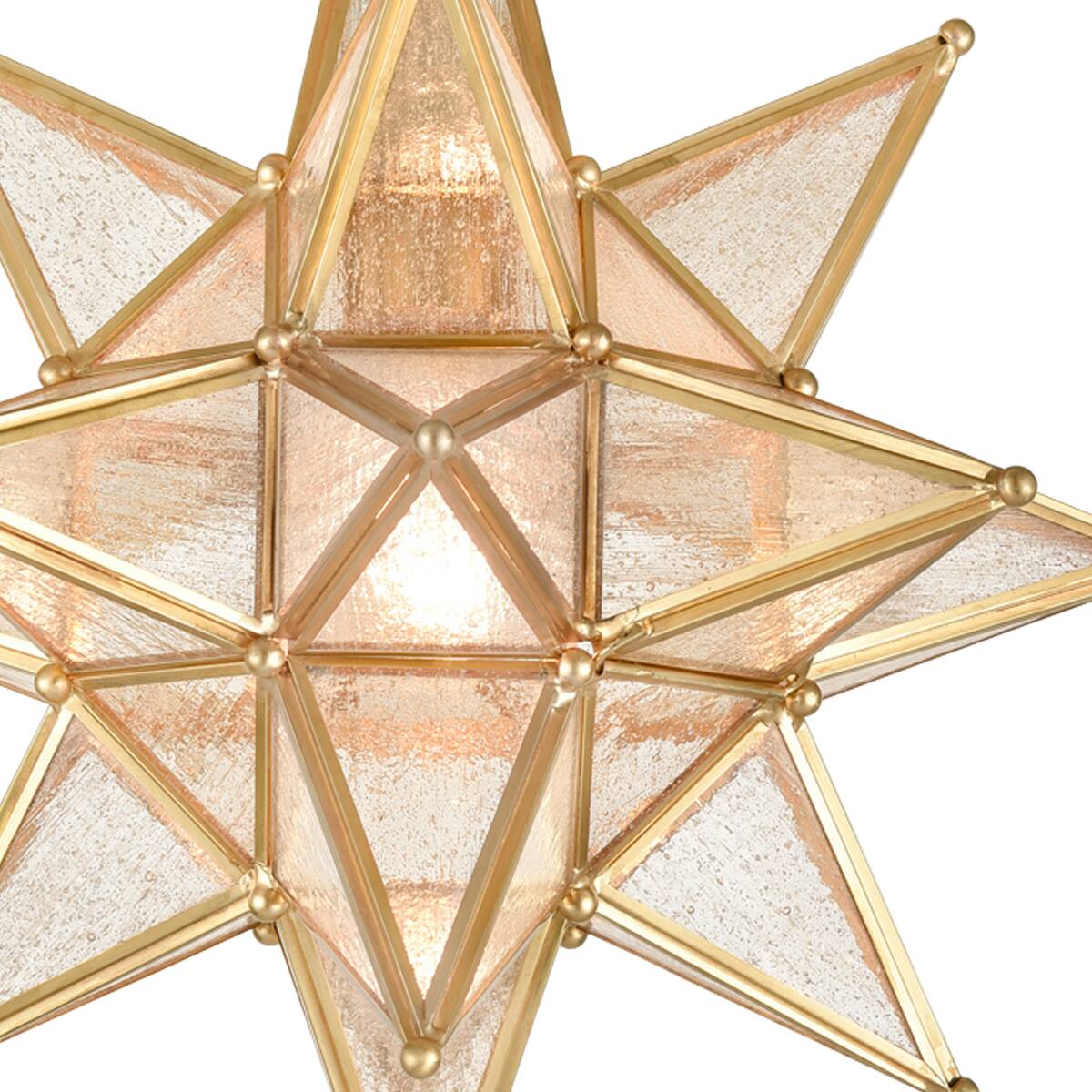Angle. MOOSE - Bagnoregio Moravian Star Semi-Flush Ceiling Light with 13-Inch Seeded Glass Shade - Gold.