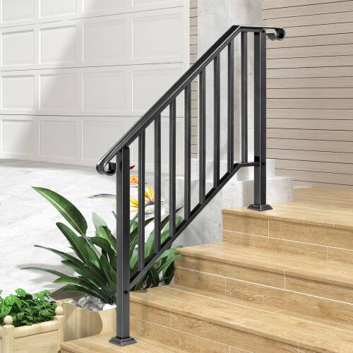 Alt View 6. Winado - 3-Step Handrails Wrought Iron Transitional Crimping Handrail Waterproof Cover for Concrete Steps Indoor Outdoor Garden - Matte Black.