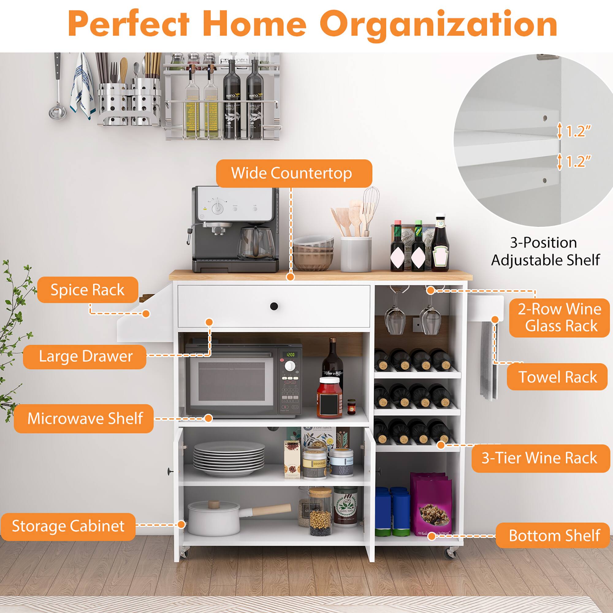 Perfect Home Organization

- Wide Countertop
- Spice Rack
- Large Drawer
- Microwave Shelf
- Storage Cabinet
- 3-Position Adjustable Shelf (1.2" x 1.2")
- 2-Row Wine Glass Rack
- Towel Rack
- 3-Tier Wine Rack
- Bottom Shelf