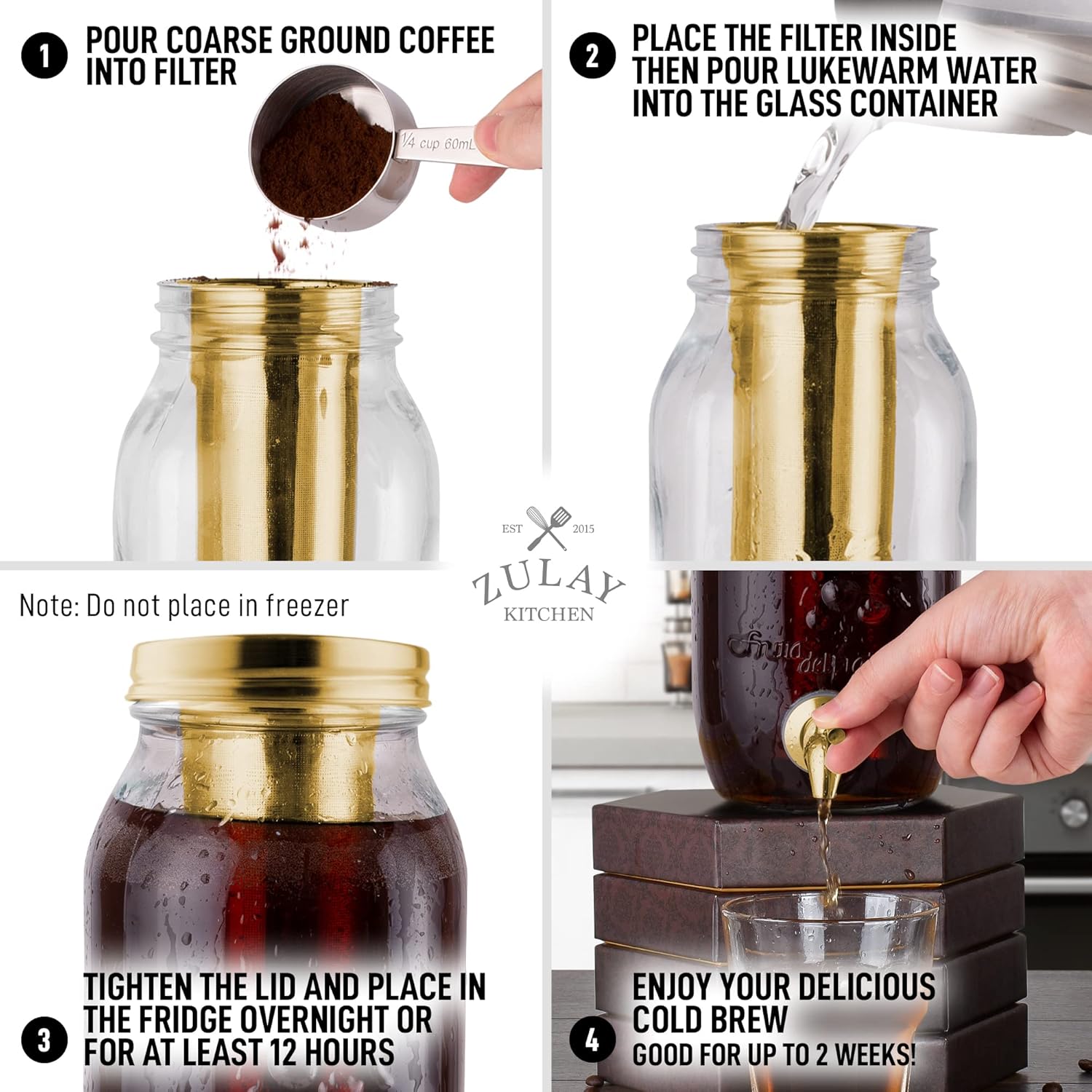 1. Pour coarse ground coffee into filter (1/4 cup, 60mL).

2. Place the filter inside then pour lukewarm water into the glass container.

Note: Do not place in freezer.

3. Tighten the lid and place in the fridge overnight or for at least 12 hours.

4. Enjoy your delicious cold brew! Good for up to 2 weeks!