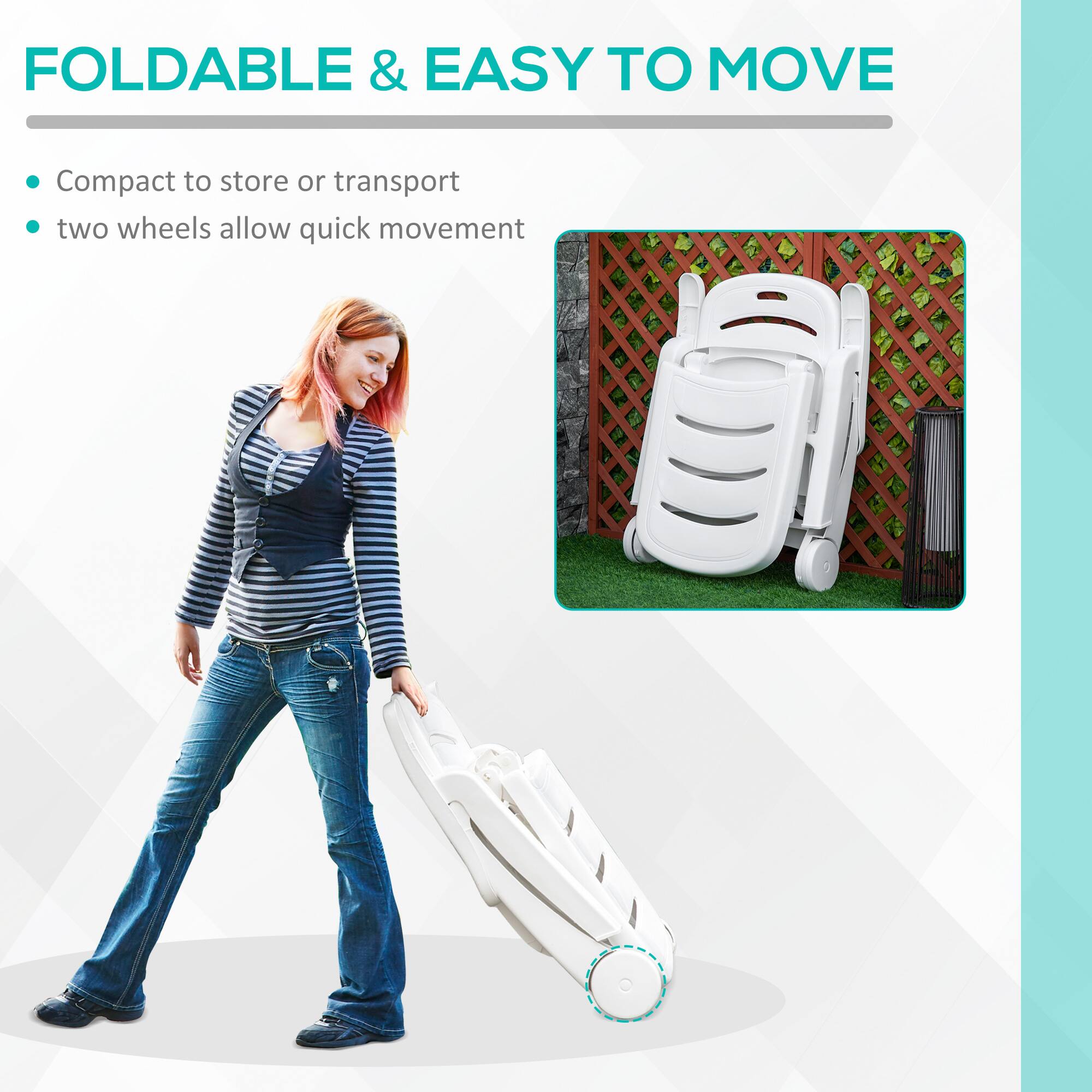 FOLDABLE & EASY TO MOVE

- Compact to store or transport
- Two wheels allow quick movement