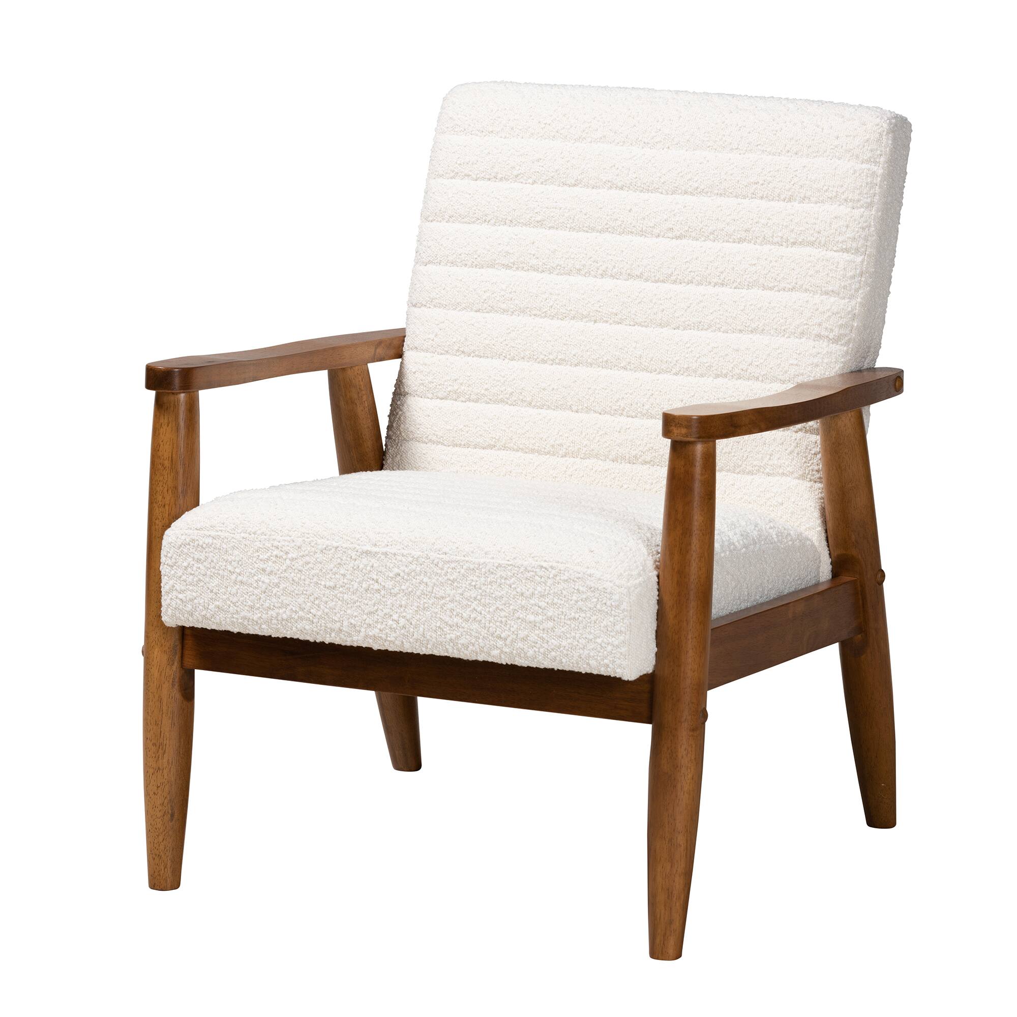 Front. Baxton Studio - Stratton Mid-Century Modern Boucle Fabric and Walnut Finished Wood Armchair - Cream/Walnut Brown.