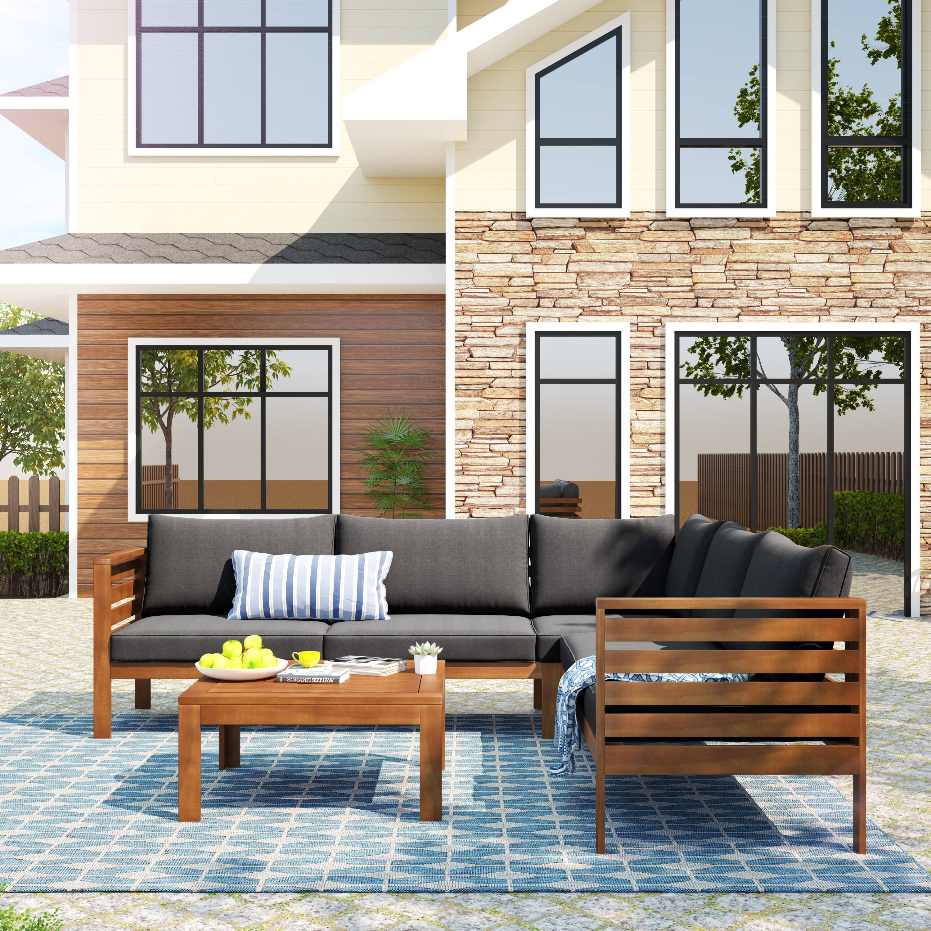 Angle. Whisen - Acacia Wood Outdoor Sofa Set with Coffee Table, Modular Patio Seating for Garden, Balcony, Gazebo - Gray.