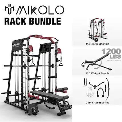 MIKOLLO RACK BUNDLE
M4 Smith Machine
1200 LBS WEIGHT CAPACITY
FID Weight Bench
Cable Accessories