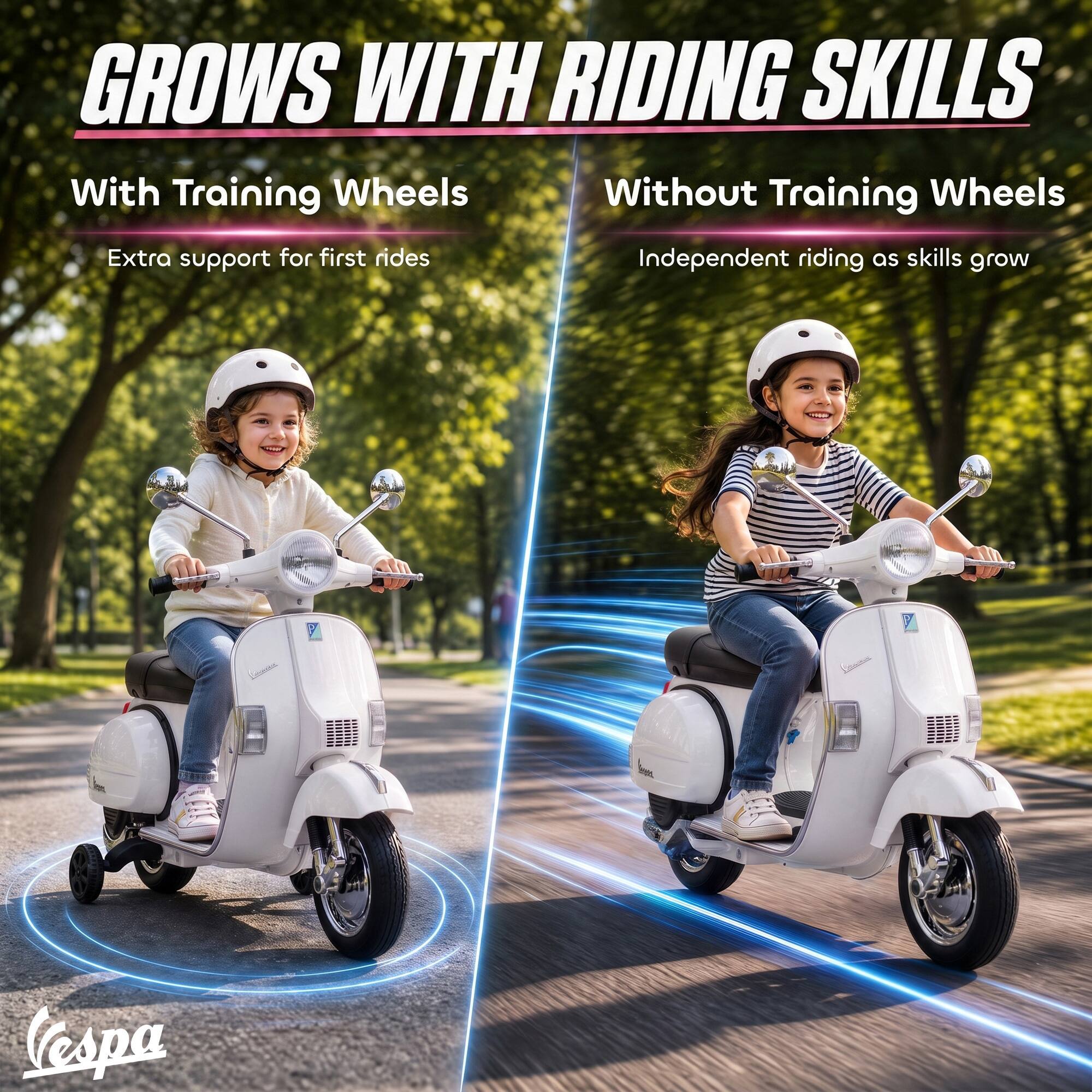 GROWS WITH RIDING SKILLS

With Training Wheels
Extra support for first rides

Without Training Wheels
Independent riding as skills grow