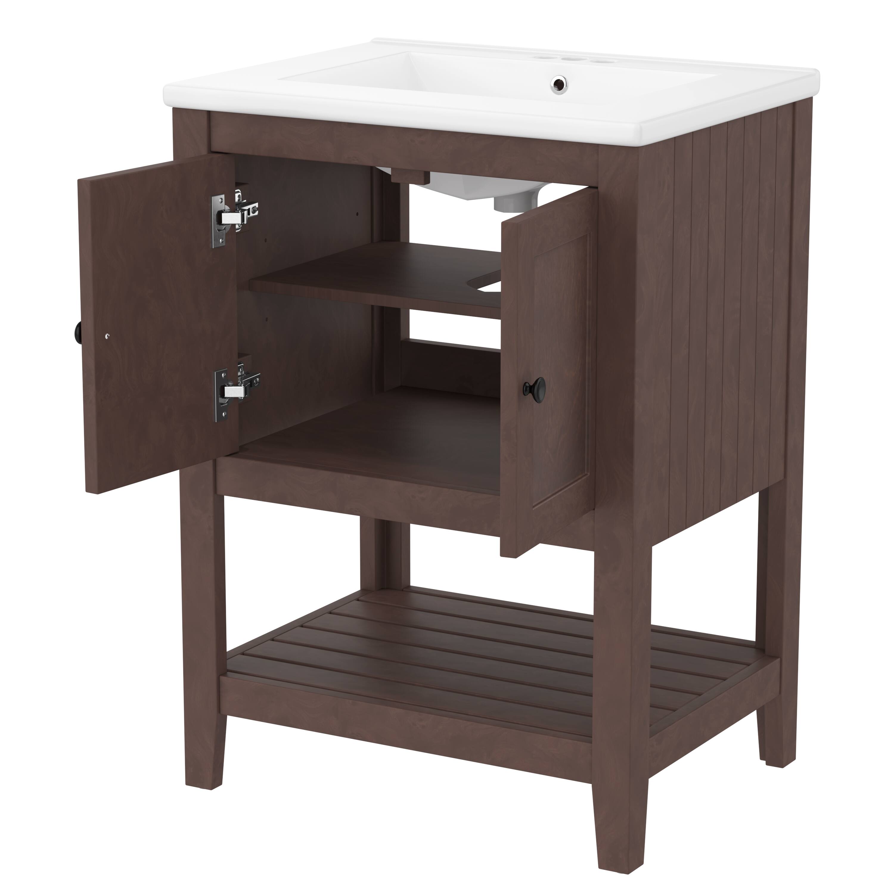 Alt View 1. Whisen - 24-Inch Freestanding Bathroom Vanity with Ceramic Sink and Open Style Shelf - Brown.