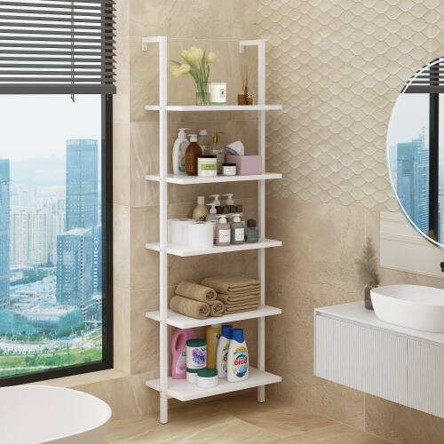 Alt View 4. Winado - 24"L x 12"W x 71"H Tall 5 Tier Modern Bookshelf Wood Board Ladder Bookcase with Metal Frame Industrial Open Storage Unit - White.