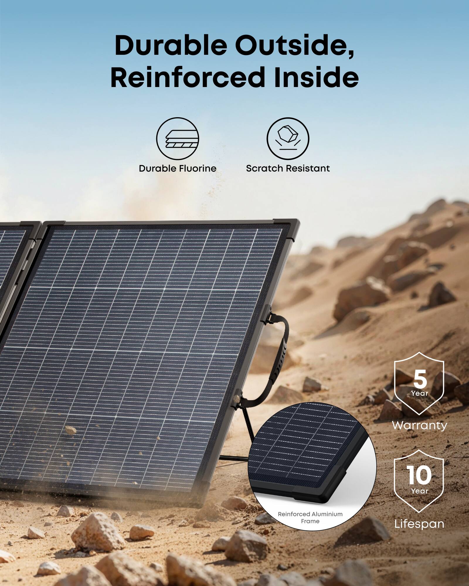 Durable Outside, Reinforced Inside  
Durable Fluorine  
Scratch Resistant  
5 Year Warranty  
10 Year Reinforced Aluminium Frame Lifespan