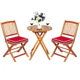 Costway - 3PCS Patio Folding Wooden Bistro Set Cushioned Chair Conversation Garden - Red