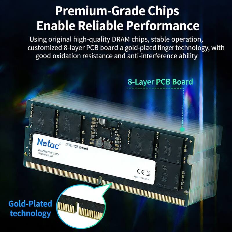 Premium-Grade Chips Enable Reliable Performance

Using original high-quality DRAM chips, stable operation, customized 8-layer PCB board a gold-plated finger technology, with good oxidation resistance and anti-interference ability

8-Layer PCB Board

Gold-Plated technology