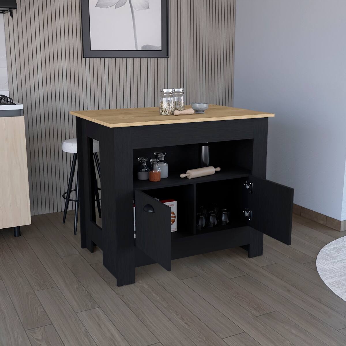 Back. Loheer - Loheer Arlet Modern Stationary Kitchen Island with Storage Cabinet and Shelf - Multicolor.