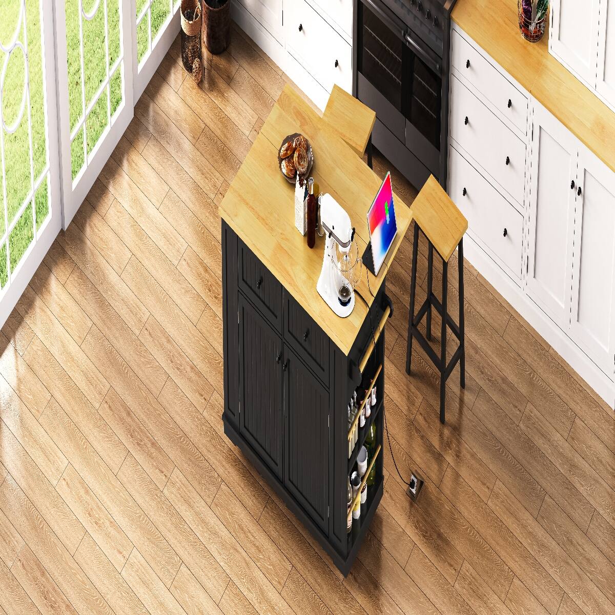Left. Loheer - Loheer 48 inch Kitchen Island with Drop Leaf, Power Outlet and Rolling Kitchen Storage Cart, Black - Black.