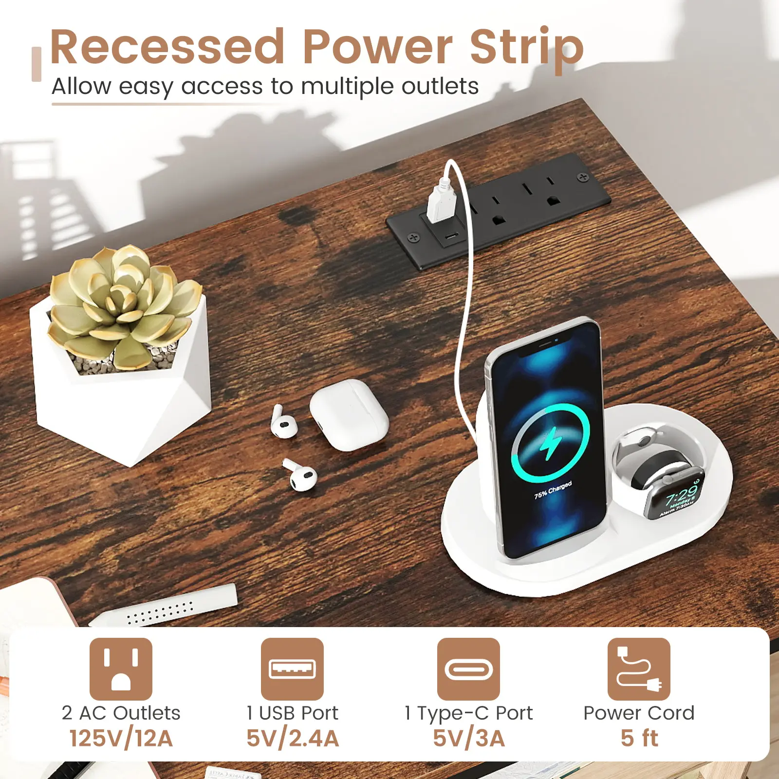 Recessed Power Strip  
Allow easy access to multiple outlets  

- 2 AC Outlets  
- 1 USB Port  
- 1 Type-C Port  
- Power Cord 5 ft  

125V/12A  
5V/2.4A  
5V/3A