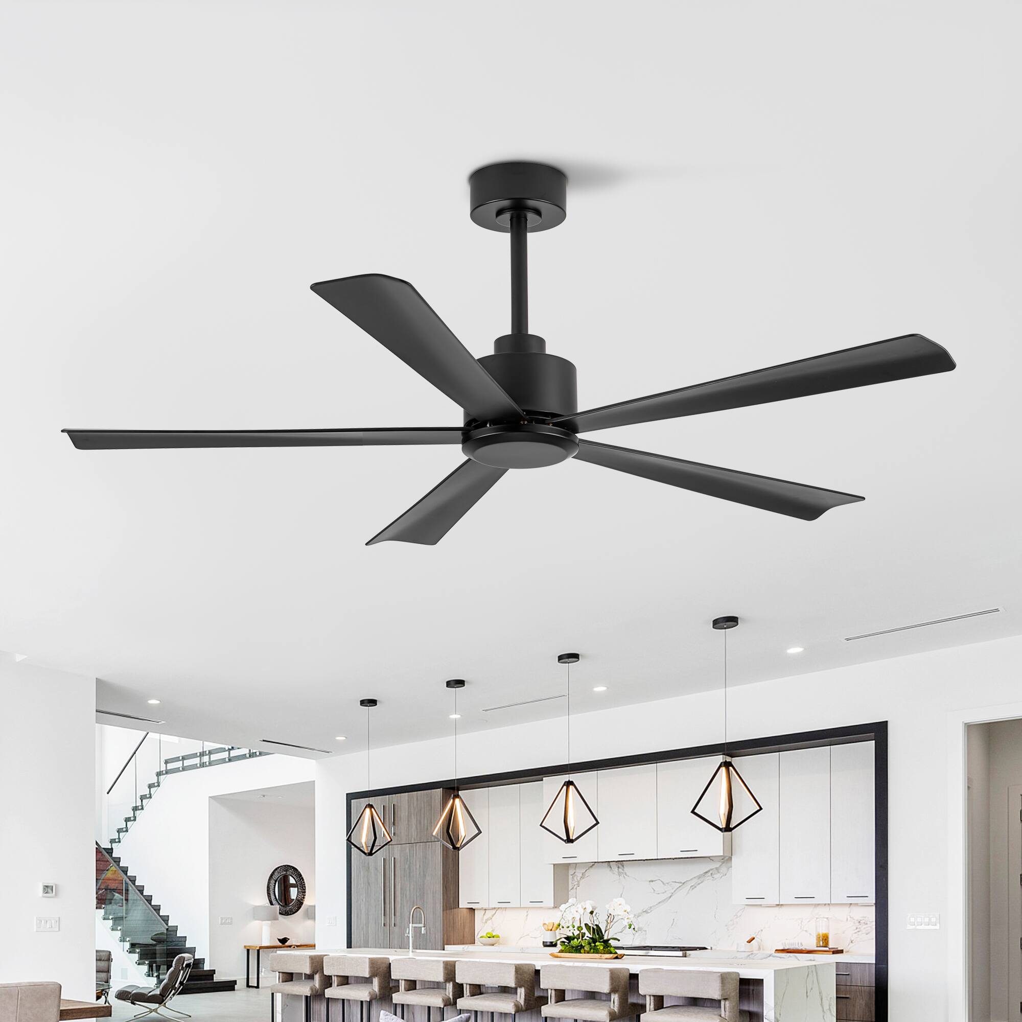 Back. Breezary - 52'' Modern Indoor Ceiling Fan without Light, 5 ABS Blades, 6-Speed Reversible DC Motor, Remote Control, 5-Inch Downrod - Black.