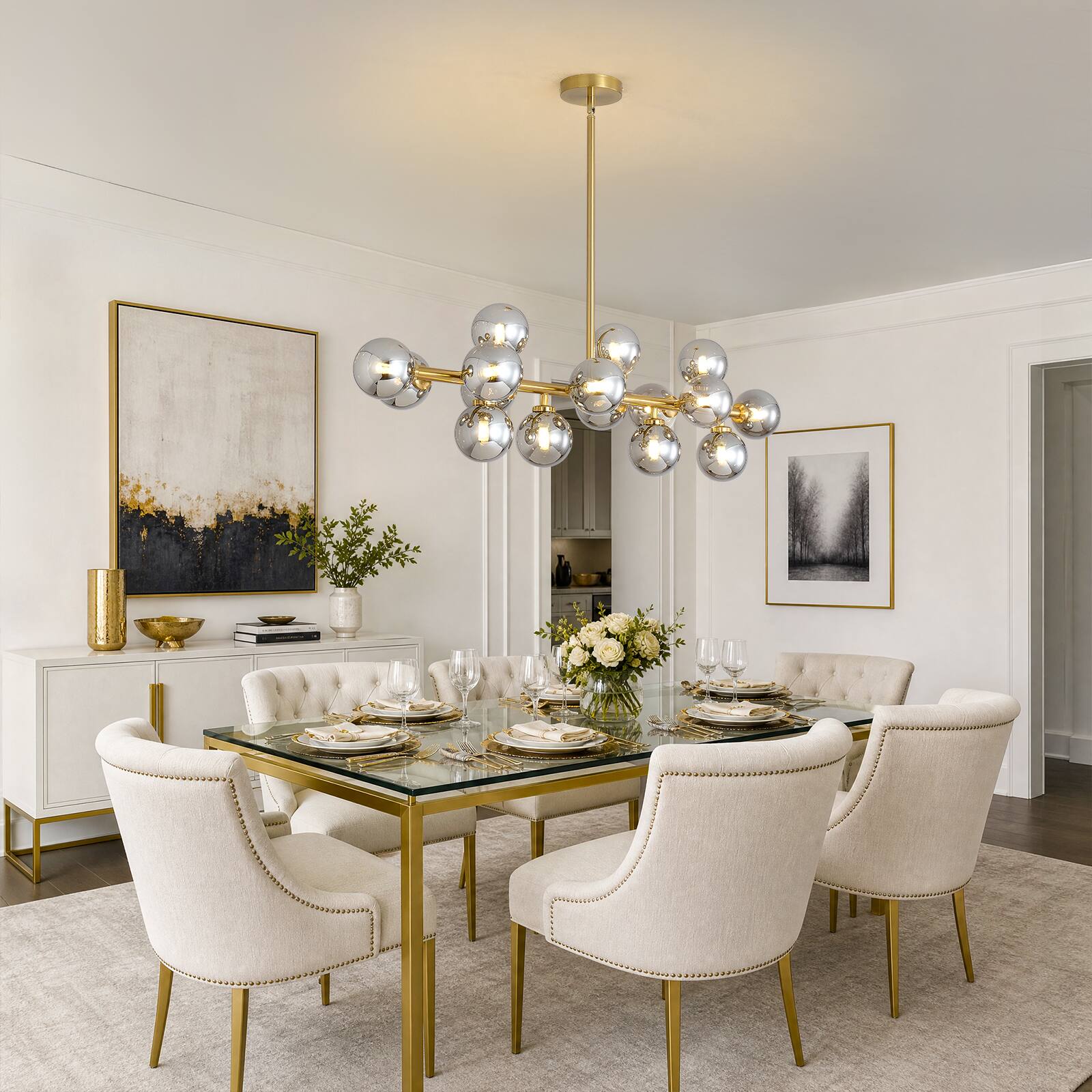 Alt View 2. Siljoy - 39.4 Inch Linear Modern Gold Molecular Chandelier, Smoked Glass Globe Pendant Light for Dining Room, Kitchen Island - Smoked Glass.