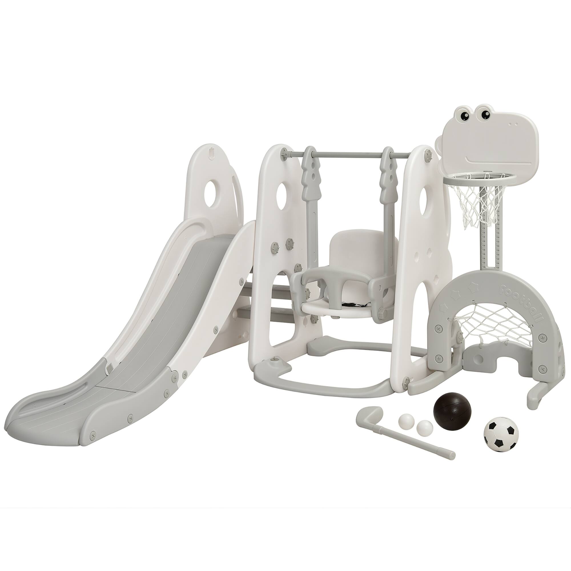 Costway - 6 in 1 Toddler Slide and Swing Set Climber Playset w/ Ball Games - White