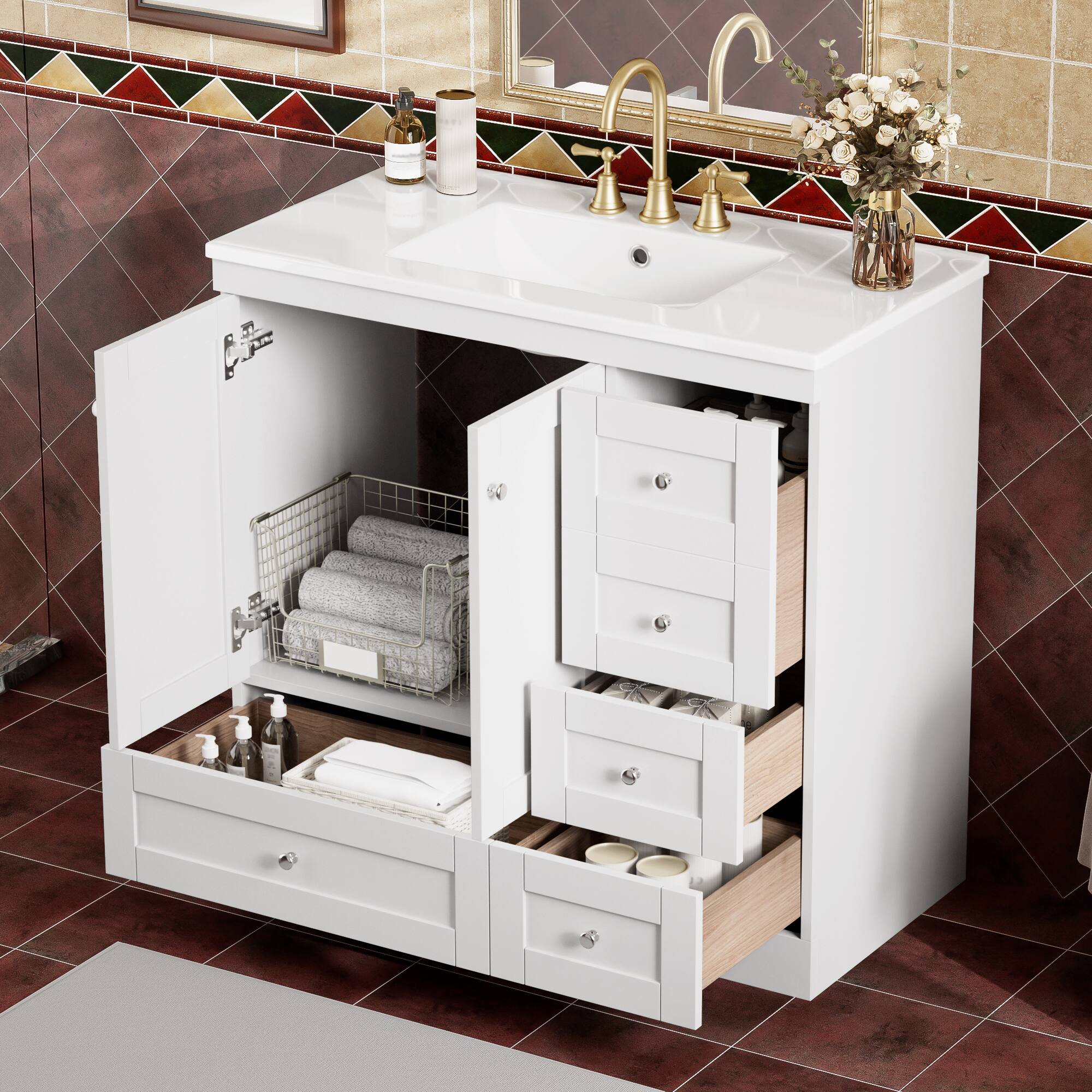 Alt View 10. Glintex - 36" Bathroom Vanity with Sink, Shaker Style Cabinet, 4 Drawers and 2 Doors, Free-Standing Storage Vanity - White.