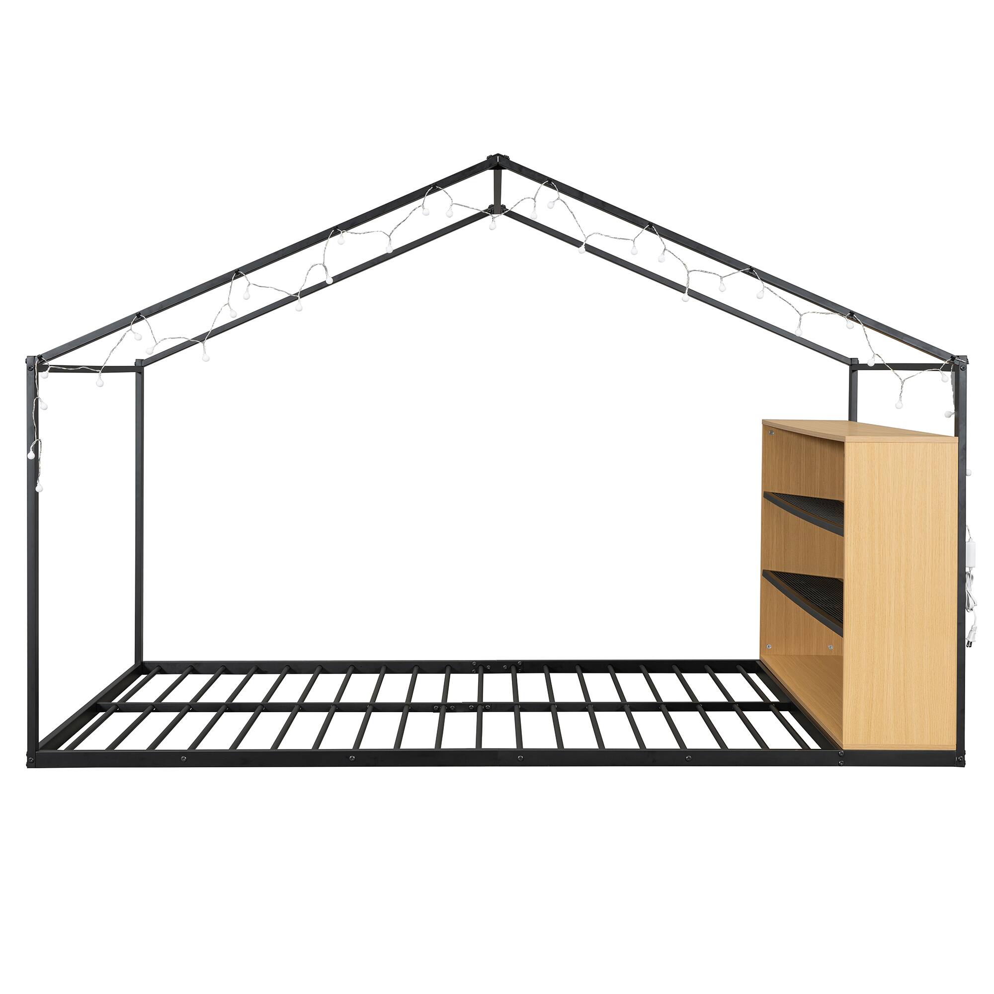 Back. GOODSILO - Full Size Metal House Bed Frame with Shelves and Lights - Black.