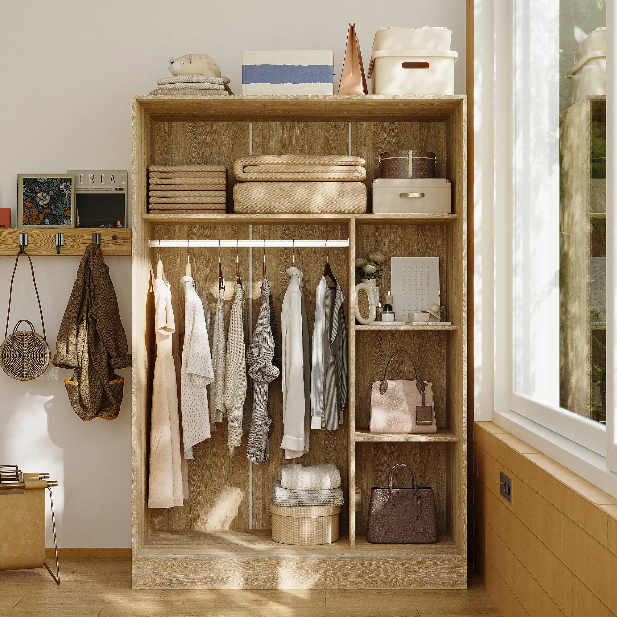 Alt View 6. Famapy - Sliding Door Wardrobe with Smart Storage Zones for Small Spaces Bedroom Closet Organizer - White & Wooden.