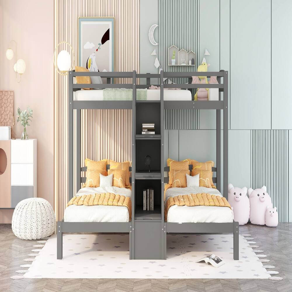 Alt View 2. Loheer - Loheer Twin over Twin Bunk Bed Triple Bunk Bed with Stairs Gray - Gray.