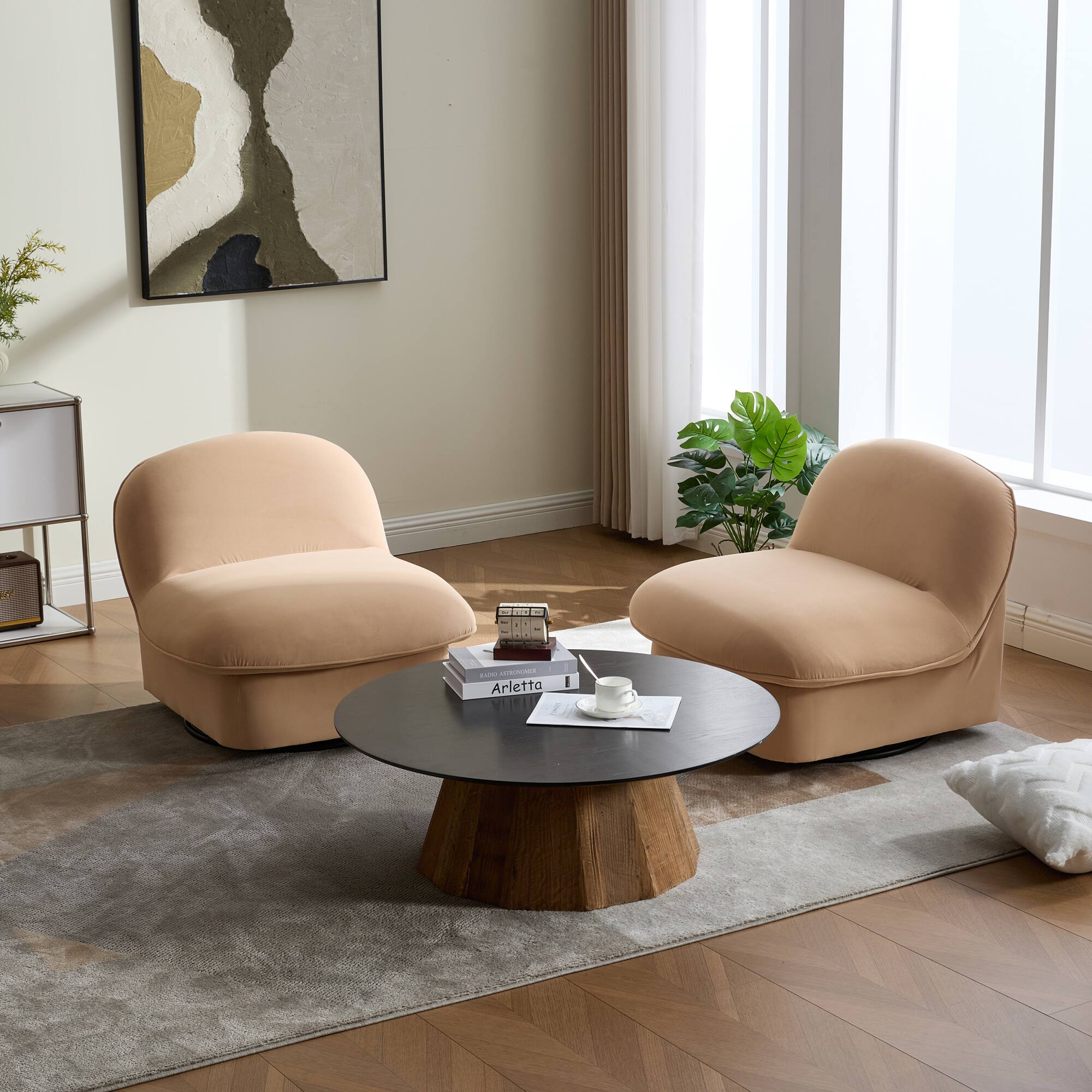 Angle. GOODSILO - Pumpkin-Shaped Velvet Swivel Accent Chair with 360-Degree Rotation for Living Room, Bedroom, or Office - Khaki.