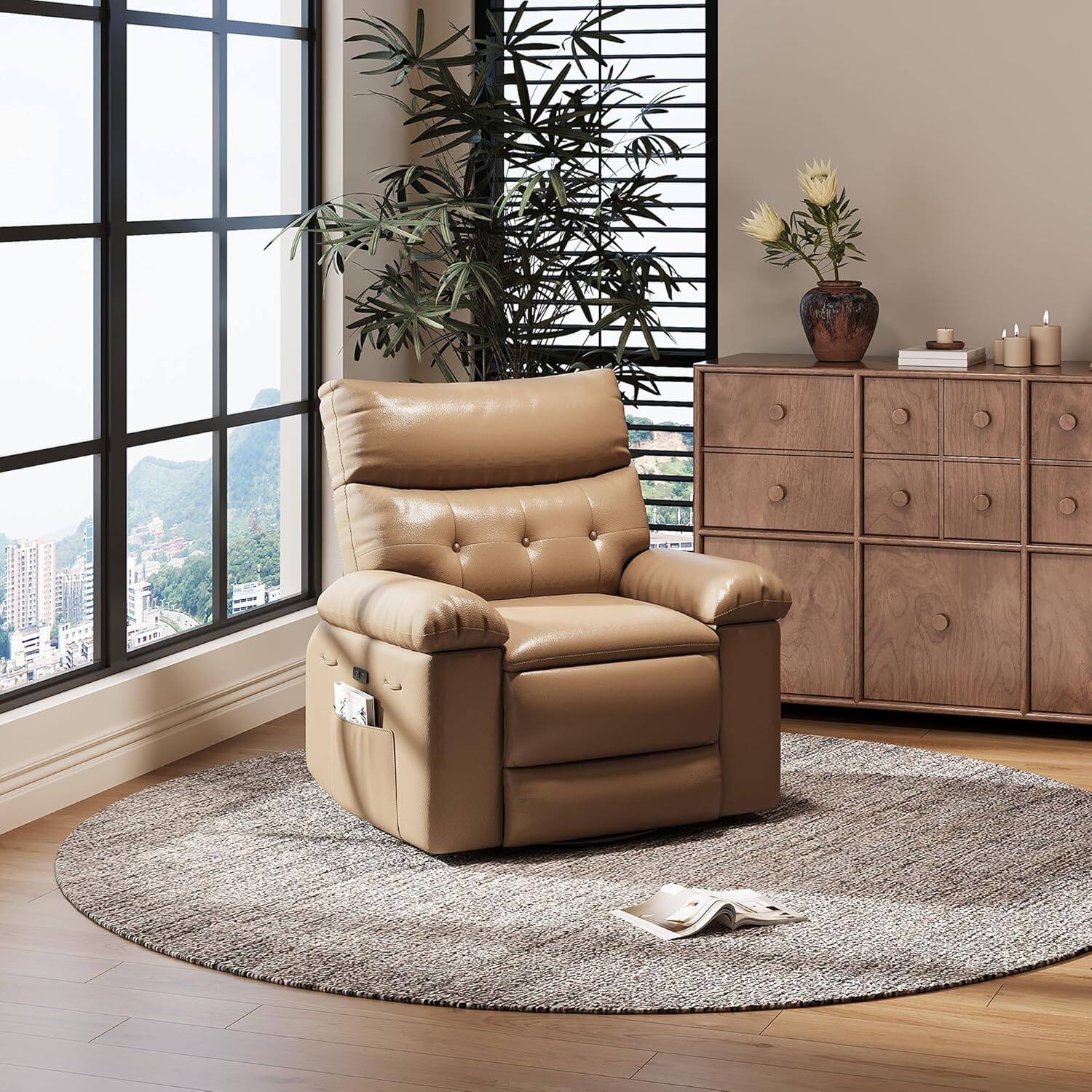 Front. Acekool - Recliner Chair, PU Leather Electric Reclining Sofa, 270° Swivel Home Theater Seating, Single Sofa Seat Lounge Chair - Khaki.