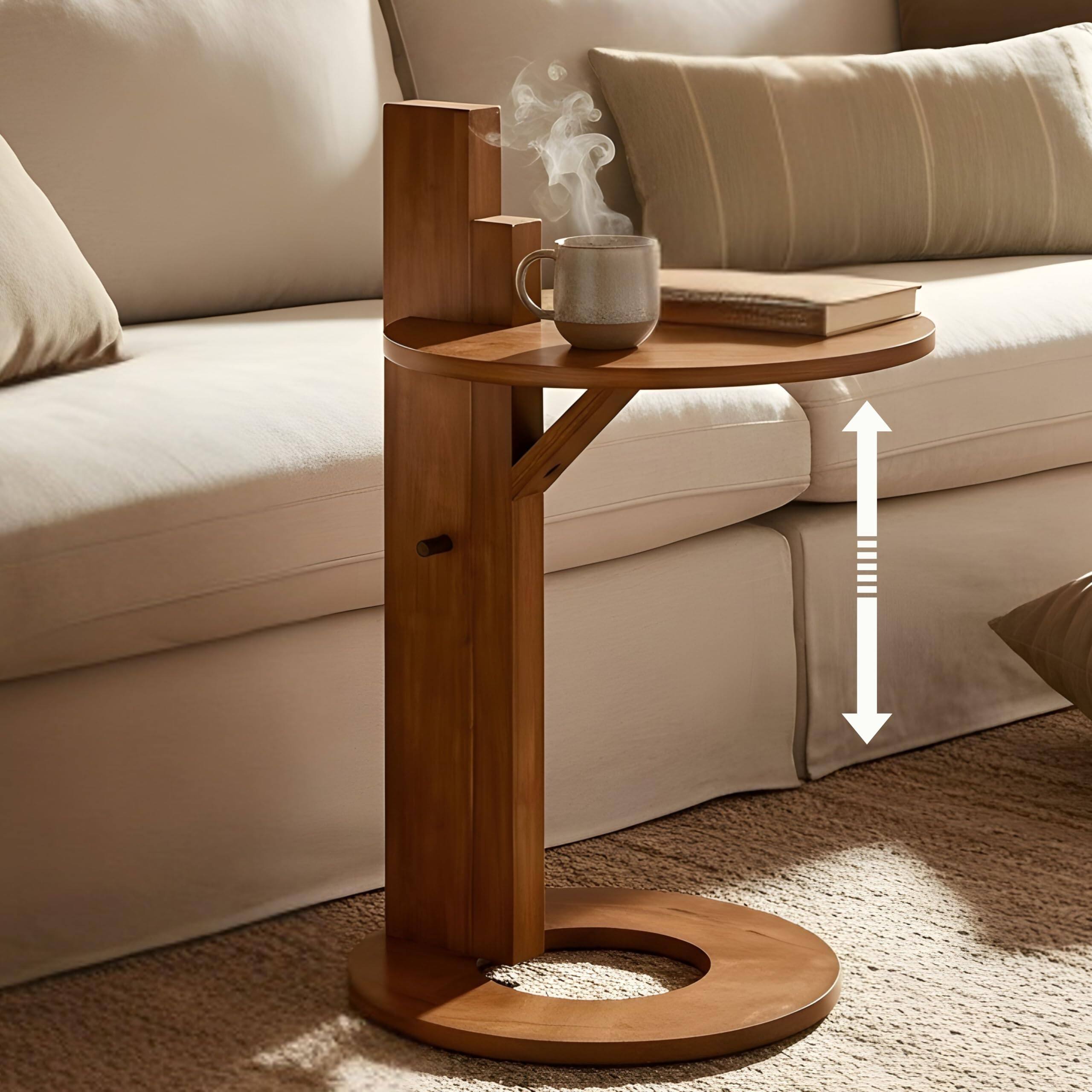 Front. Fabibe - Elen Adjustable Height Solid Wood Side Table C Shaped Tall Sofa End With Storage For Living Room Mid Century - Walnut.