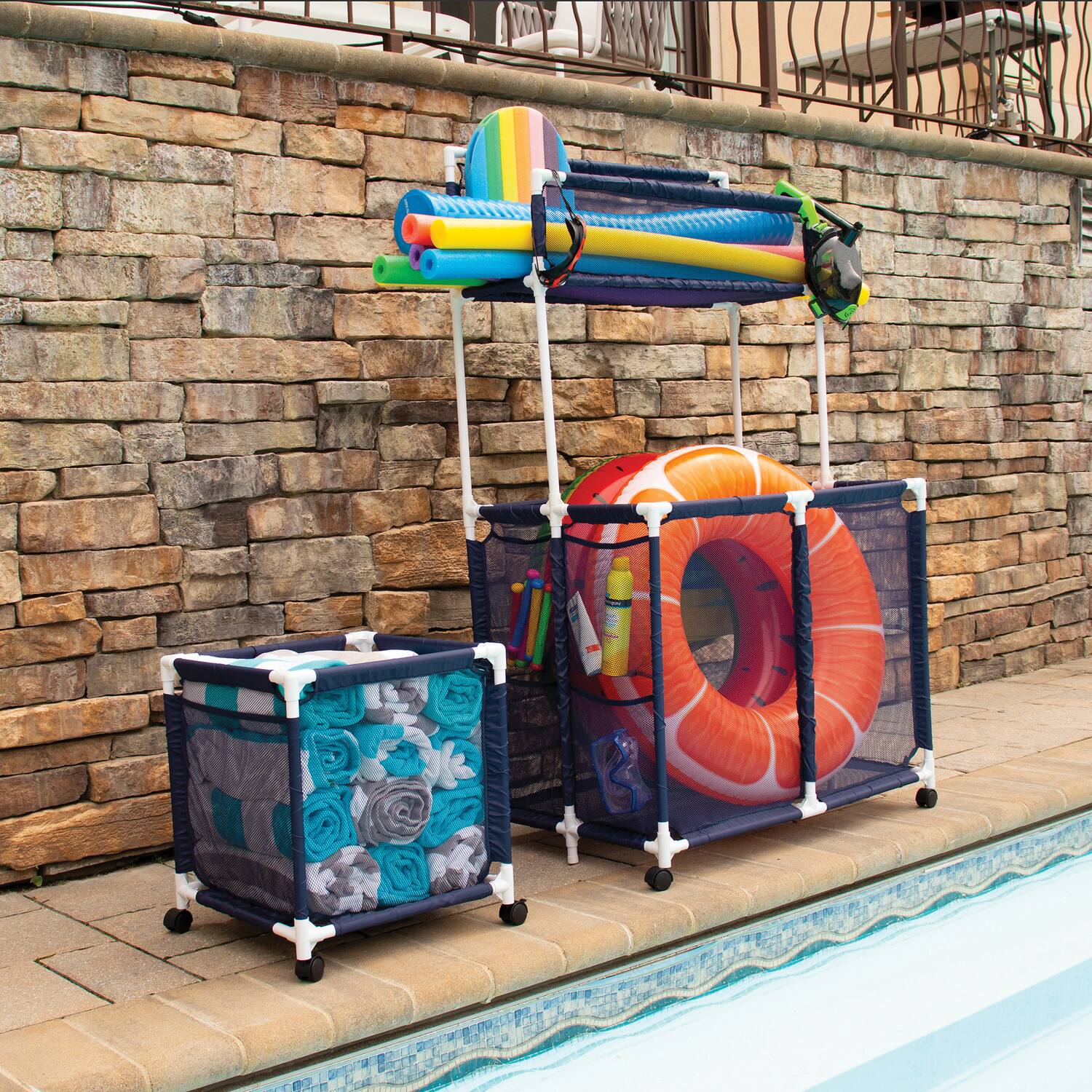 Back. Pool Bins - Pool Storage Organizer Mesh Rolling Equipment Bin Mini.