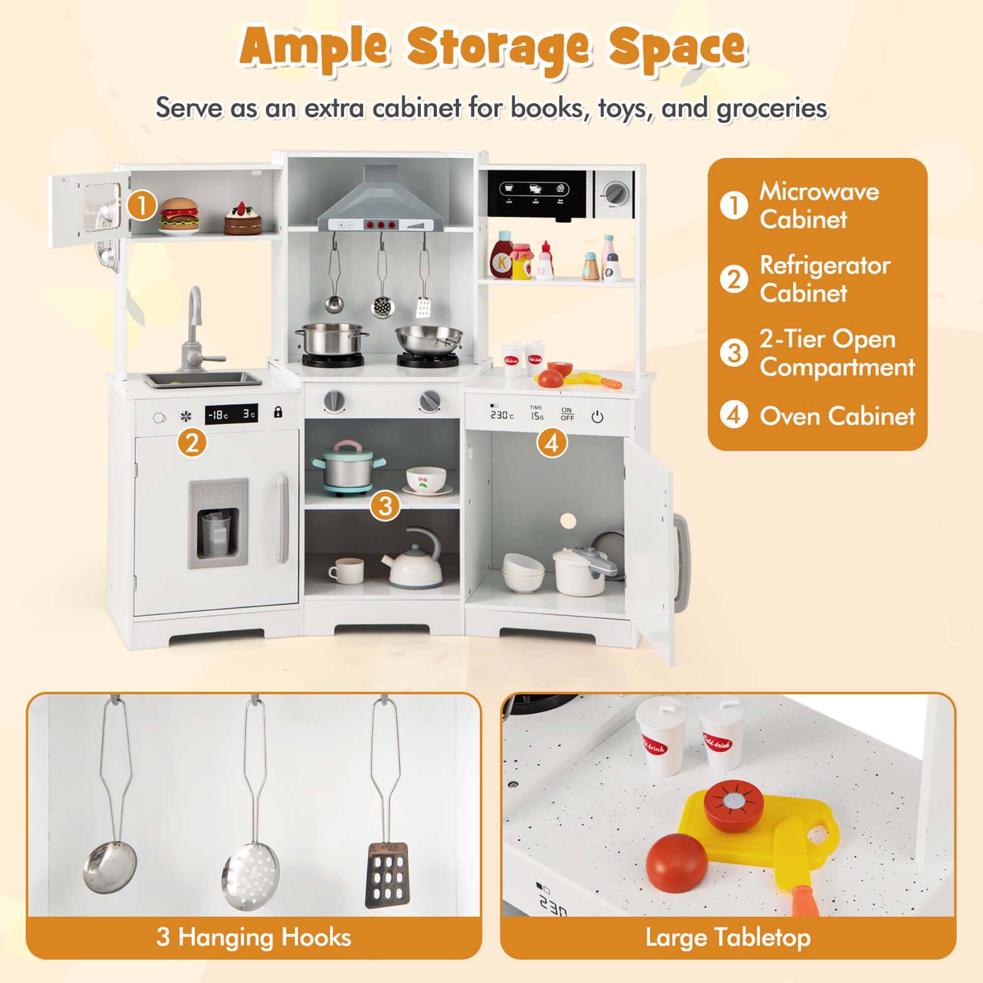 Ample Storage Space  
Serve as an extra cabinet for books, toys, and groceries  

1. Microwave Cabinet  
2. Refrigerator Cabinet  
3. 2-Tier Open Compartment  
4. Oven Cabinet  

3 Hanging Hooks  

Large Tabletop