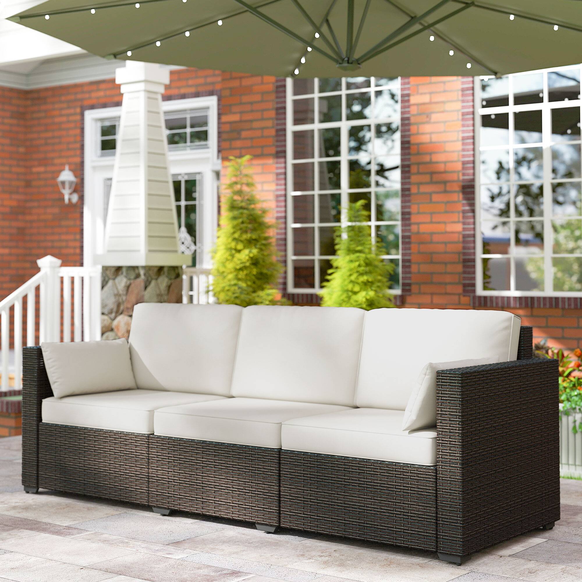 Alt View 1. Outsunny - Patio Couch PE Wicker Deep Seating Outdoor Sofa with Removable Cushions, 3 Seater Rattan Sofa, Outdoor Furniture - Cream White.