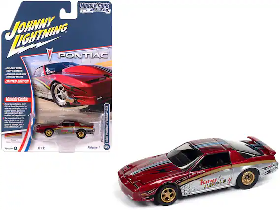 **Musc e Cars U.S.A.**
**JOHNNY LIGHTNING**
**PONTIAC**
**DIE-CAST METAL BODY & CHASSIS**
**OPENING HOOD WITH DETAILED ENGINE**
**LIMITED EDITION**
**Muscle Facts:**
**Owner Cory Clemens built this car from the ground up with his brother Colten. Cory even fabricated the 25.2 certified roll cage himself. The car sits at 3.88" in the 1/8th mile. The top recorded speed is 201mph and the best 60' time at 1.022".**
**Custom Metallic Red and Silver**
**Version A**
**6+**
**Release 5**
**1987 Pontiac Firebird GTA**
**King of the Jungle**
**Cody & Racins**