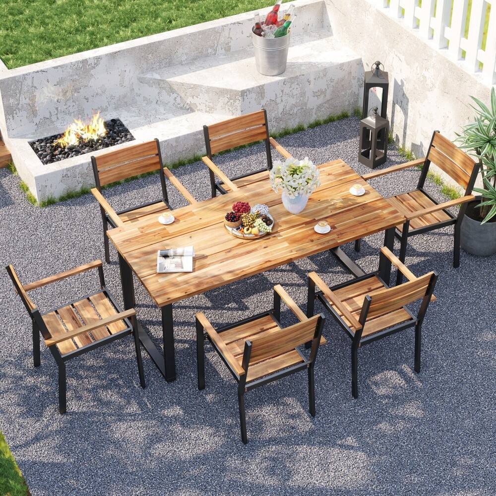 Angle. Mondawe - 7 Pieces Acacia Wood Patio Dining Set with Metal Frame and 2 Inches Umbrella Hole - Brown and Black.