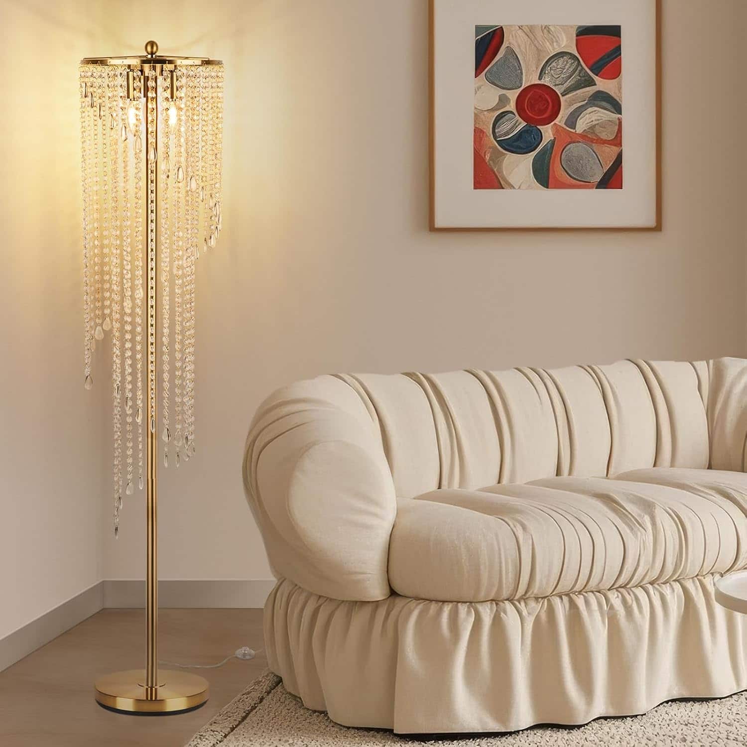 Akoasm - 63in. H Gold Floor Lamps with Double-Layer Crystal Lamp Shade for Living Room (2700K LED Bulbs Included)