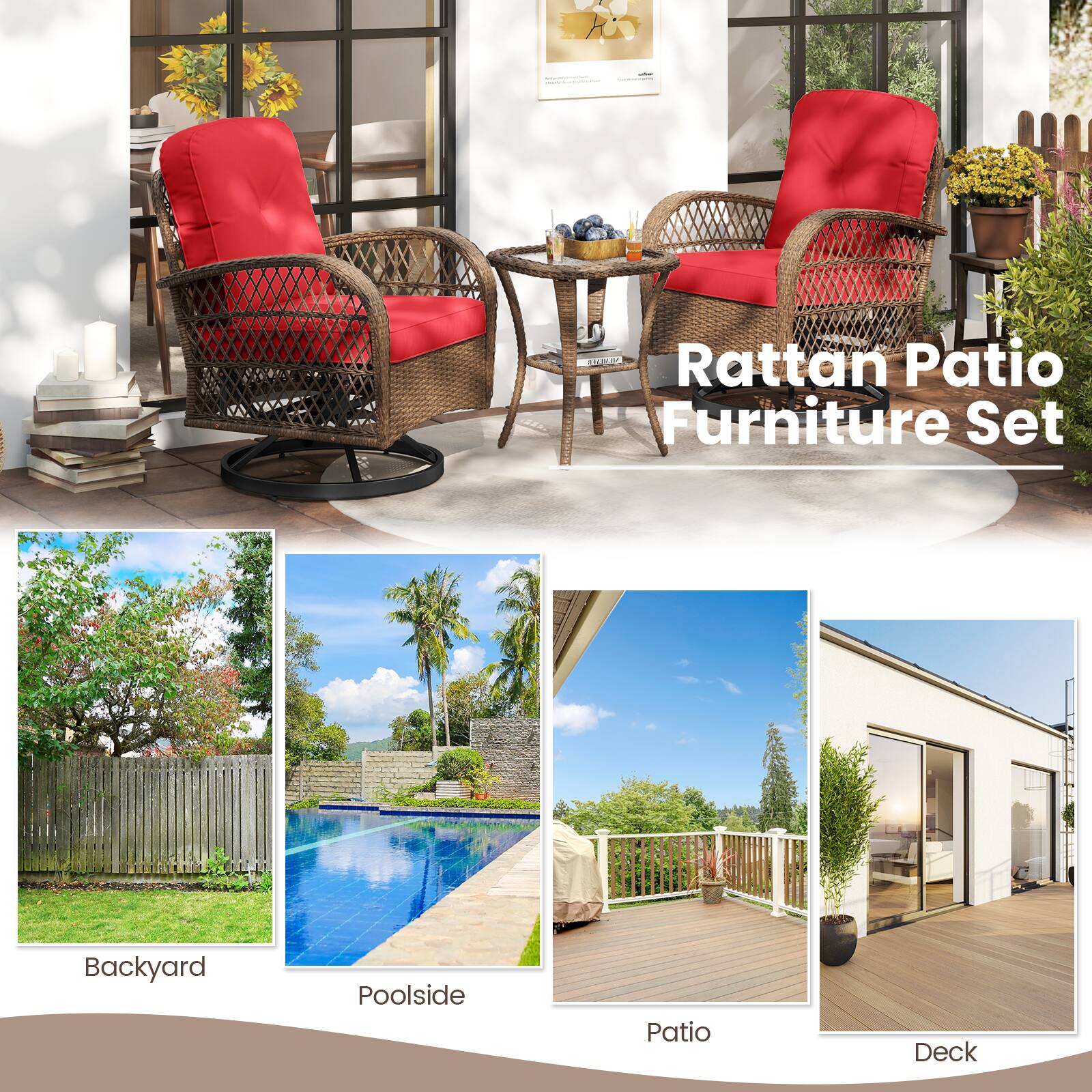 - S1ON Rattan Patio Furniture Set Backyard Poolside Patio Deck

Rattan Patio Furniture Set

Backyard

Poolside

Patio

Deck