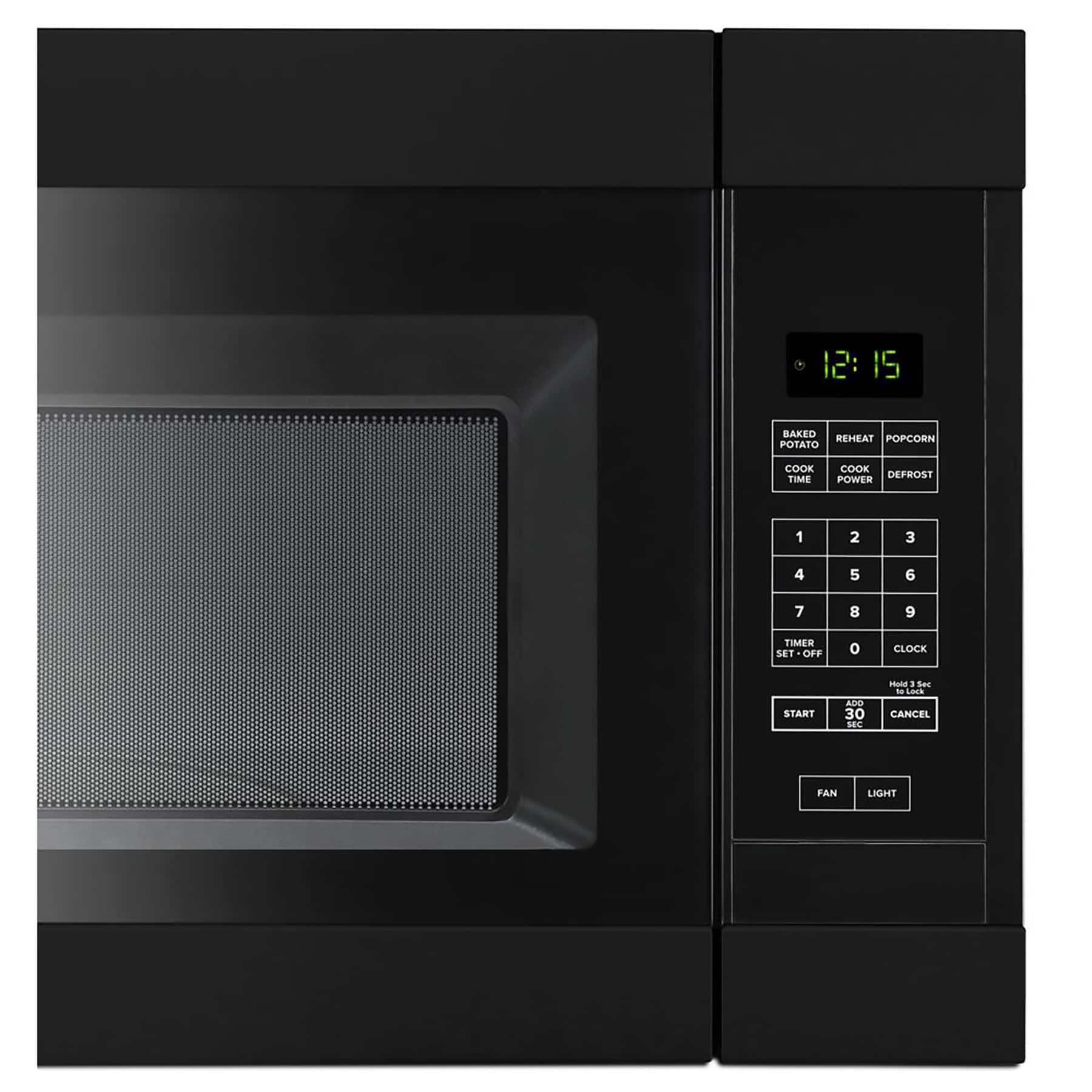 The text on the image reads:
12:15 Baked Reheat Popcorn Potato Cook Time Cook Defrost Power 1 2 3 4 5 6 7 8 9 Timer Set-Off o Clock Start 30 Sensor Lock Cancel Fan Light
This text is likely a description of the various functions and settings available on the microwave.