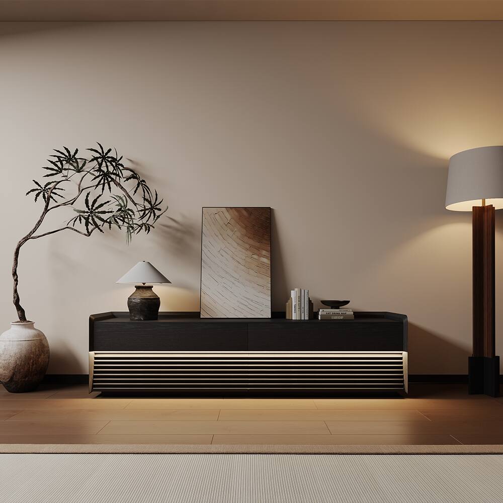 Angle. POVISON - 71"Fully-Assembled Mid-Century TV Stand, Black Modern Cabinet with Adjustable Light, Perfect for 65-inch TVs - Black.