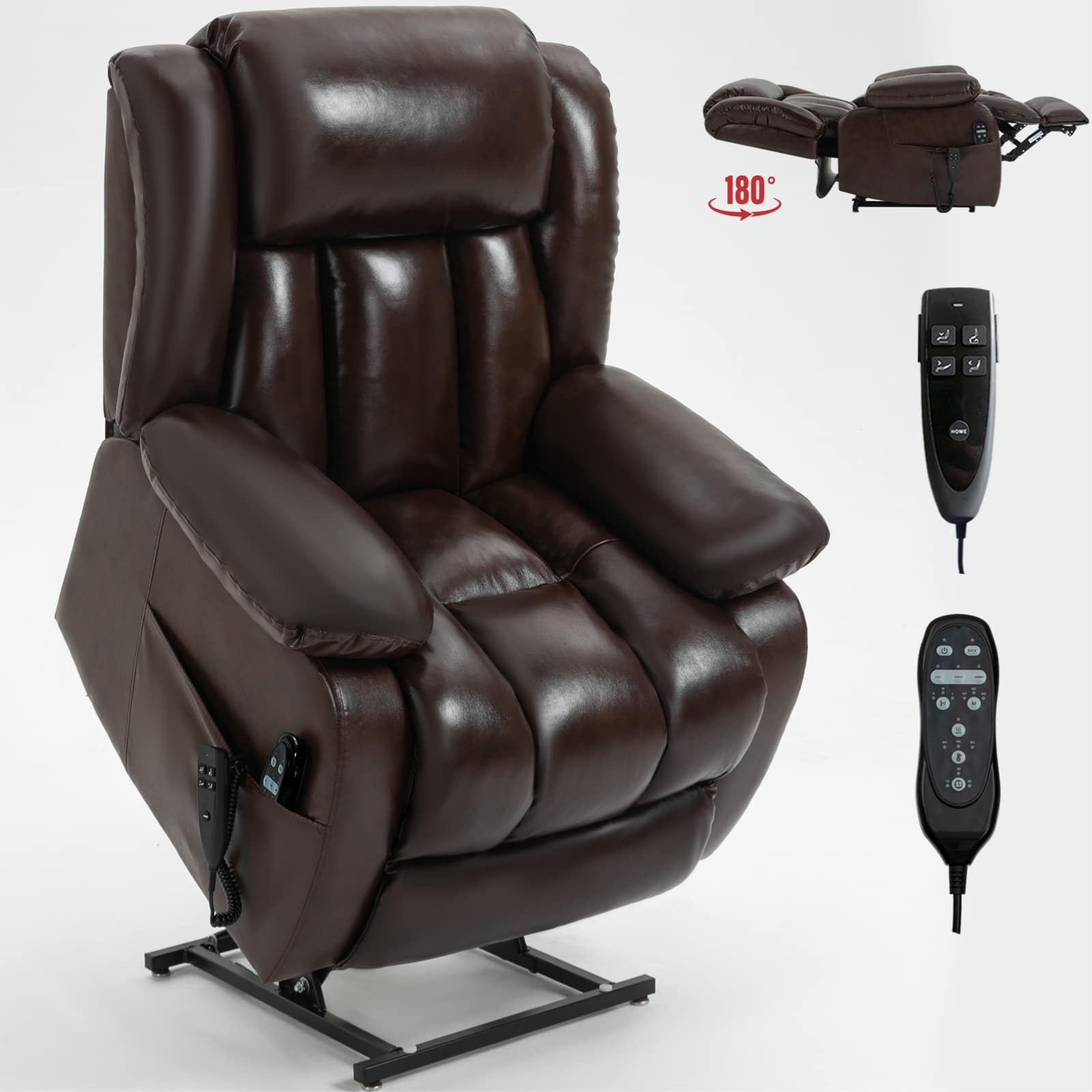LUCKY ONE - Leather Dual Motor Power Lift Recliner Chair with Massage and Heat, Infinite Position, Power-Remote - Antique Brown
