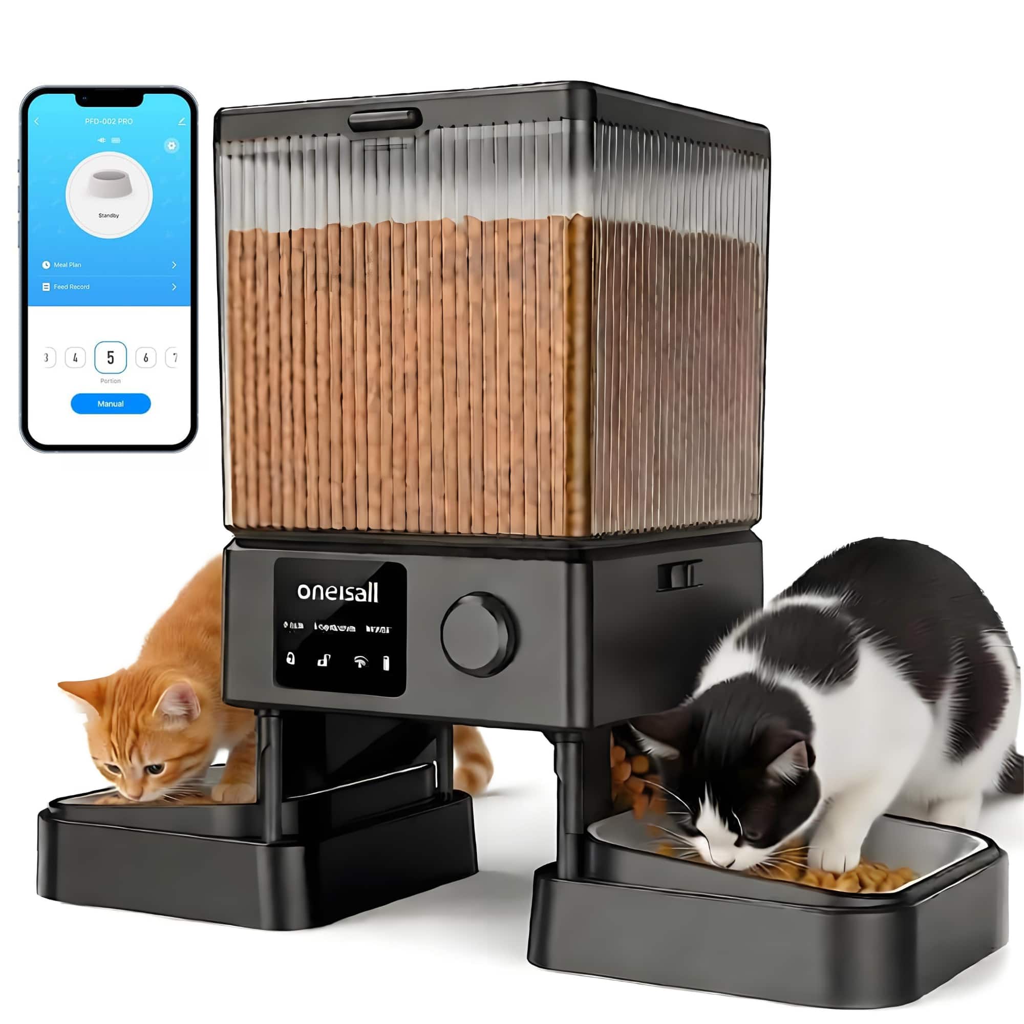 Oneisall - 5L/169oz Wi-Fi Dual Bowl Automatic Cat Feeder,App Control,Stainless Steel,Voice Recording,Timed Feeding, Dual Power - Black