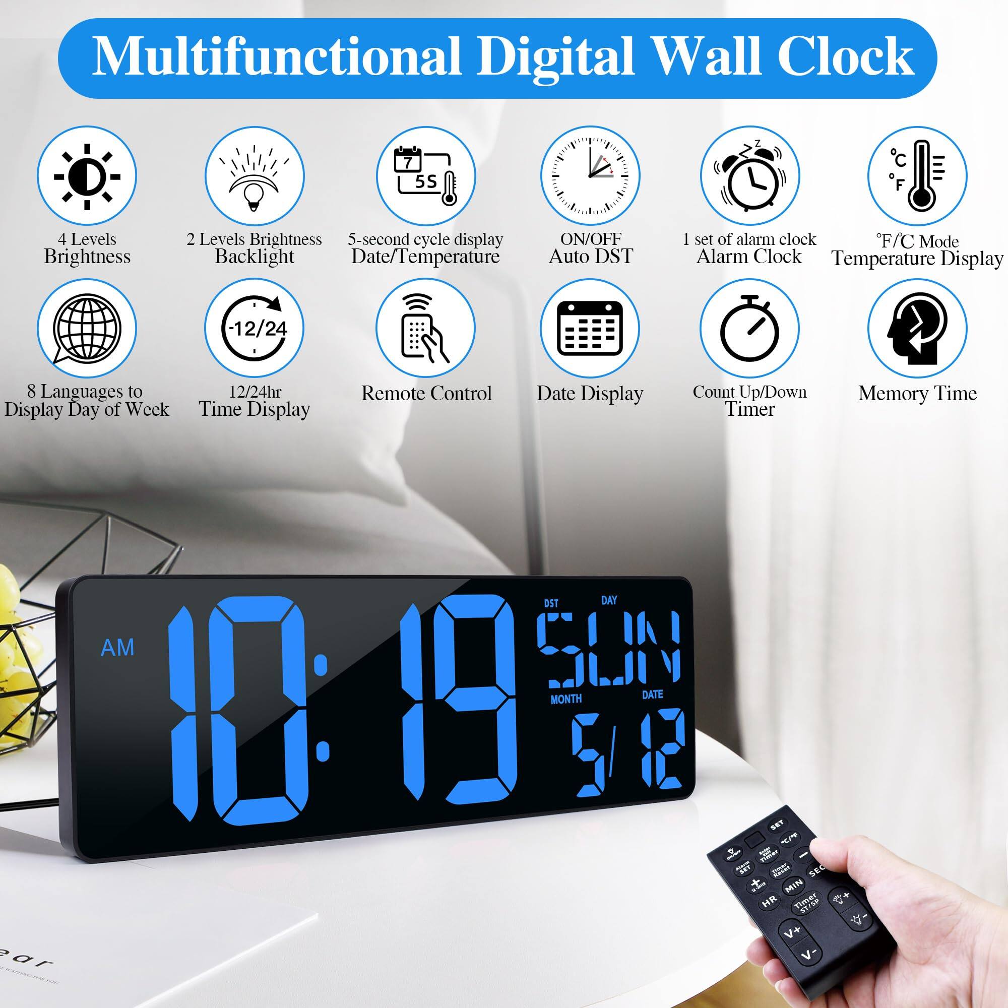 Multifunctional Digital Wall Clock

- 4 Levels Brightness
- 2 Levels Brightness Backlight
- 5-second cycle display
- Date/Temperature
- Auto DST
- 1 set of alarm clock
- F/C Mode
- Temperature Display
- 8 Languages to Display Day of Week
- 12/24hr Time Display
- Remote Control
- Date Display
- Count Up/Down Timer
- Memory Time
- ON/OFF
- 12/24
- Date Display
- 10:19 AM
- SUN
- 5/12
