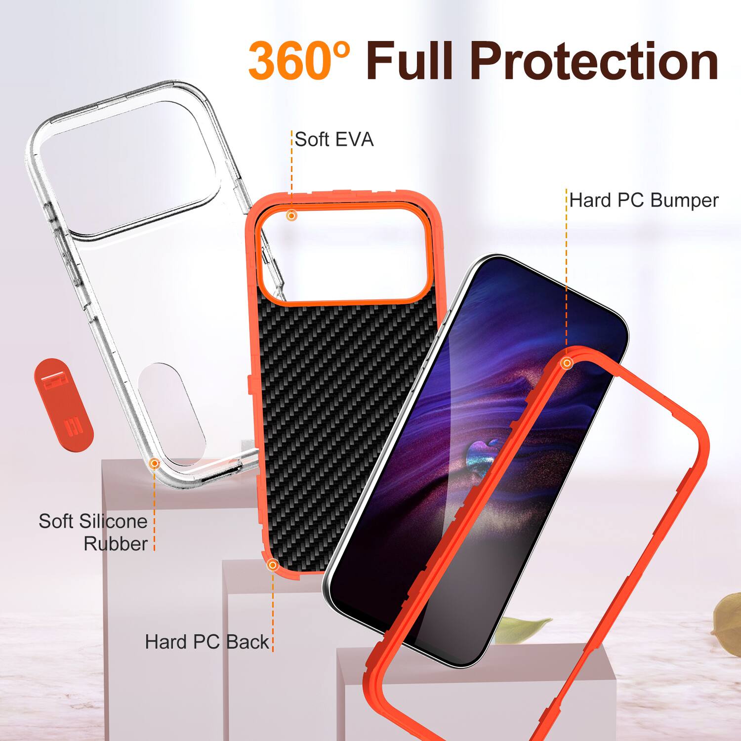 360° Full Protection

- Soft EVA
- Hard PC Bumper
- Soft Silicone Rubber
- Hard PC Back