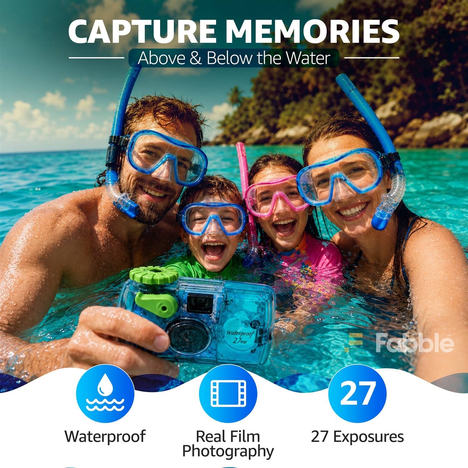 CAPTURE MEMORIES  
Above & Below the Water  

Waterproof  
Real Film Photography  
27 Exposures