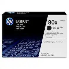 The text on the image reads: "hp LASERJET Dual Pack Pack de Deux Pack Doble CF280XD 80x Black Tinta Negra Noire 2 High Volume Print Cartridges 2 Cartouches d'impression Grond Volume 2 Cartuchos de Aho Volumen 2 Velkoobjemov Tiskov Kazety 2 SRNDO Great Savings! / Aubaine P69 MMT PAR1E TOKTO HERE K- H PC MAORI RYPMET 400 M401, 400 M425."