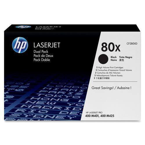 The text on the image reads: "hp LASERJET Dual Pack Pack de Deux Pack Doble CF280XD 80x Black Tinta Negra Noire 2 High Volume Print Cartridges 2 Cartouches d'impression Grond Volume 2 Cartuchos de Aho Volumen 2 Velkoobjemov Tiskov Kazety 2  SRNDO Great Savings! / Aubaine P69 MMT PAR1E TOKTO HERE K- H PC MAORI RYPMET 400 M401, 400 M425."