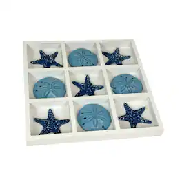 Zeckos - Coastal Tabletop Decor Whitewashed Wood Blue Starfish Sand Dollar 11.75 Inch - White