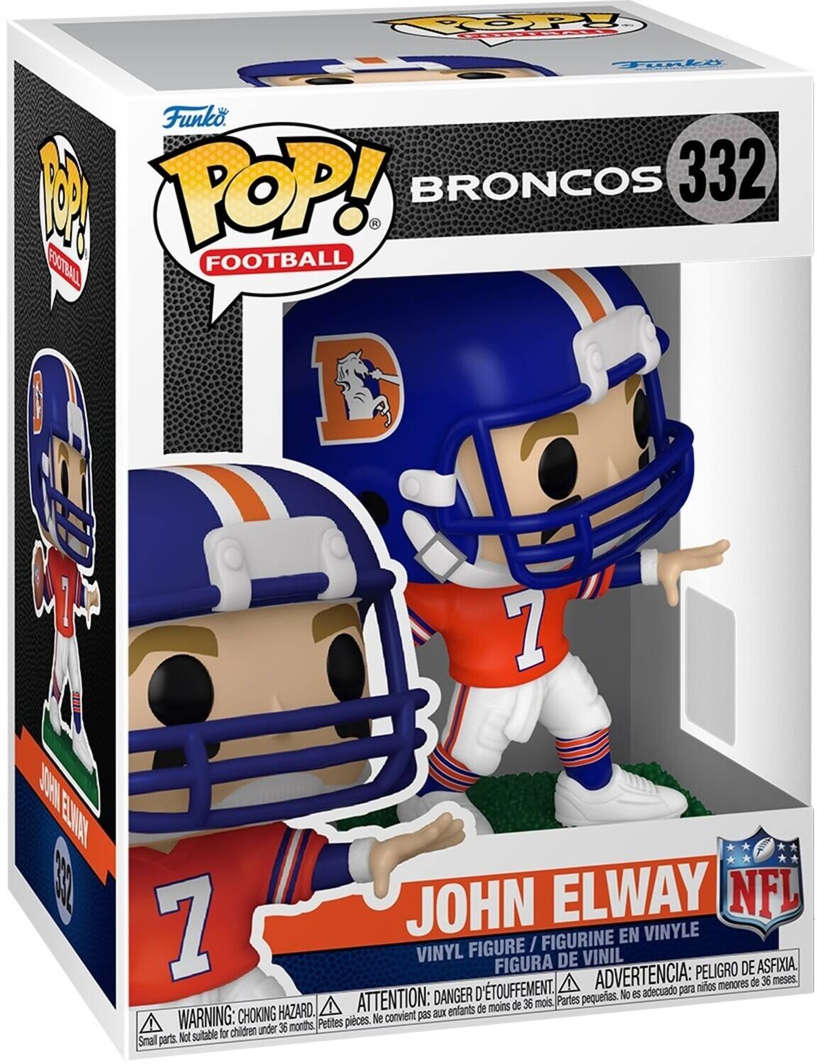 Sure, here is the corrected and grouped text from the image:

---

**Funko POP! FOOTBALL**

**BRONCOS 332**

**JOHN ELWAY**

**VINYL FIGURE / FIGURINE EN VINYLE / FIGURA DE VINIL**

**WARNING: CHOKING HAZARD. Small parts. Not suitable for children under 36 months.**

**ADVERTENCIA: PELIGRO DE ASFIXIA. Piezas pequeñas. No es adecuado para niños menores de 36 meses.**

**ATTENTION: DANGER D'ÉTOUFFEMENT. Petites pièces. Ne convient pas aux enfants de moins de 36 mois.**

**NFL**

---

This text is organized to reflect the information on the packaging of the Funko Pop! figure.