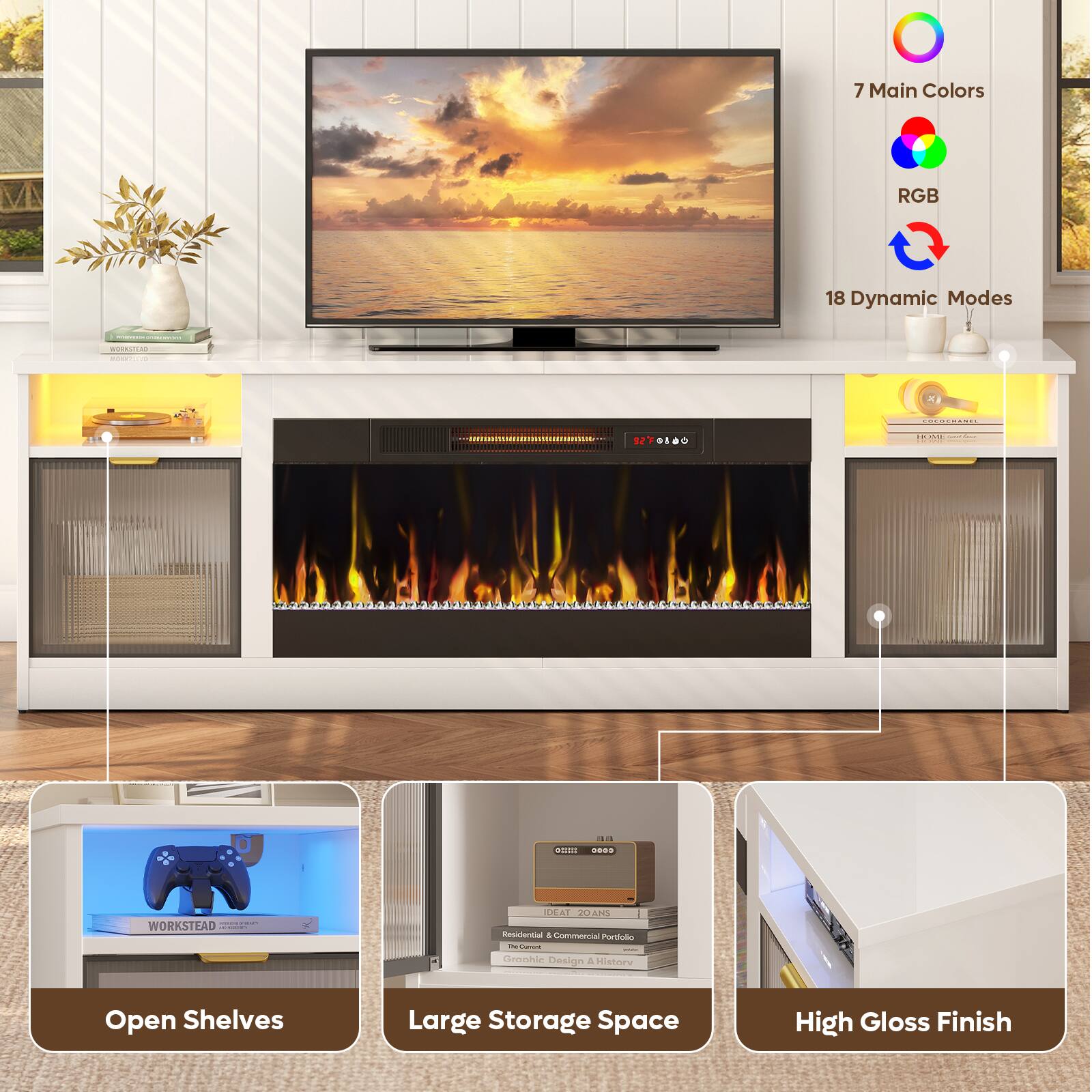 The image features a flat screen TV mounted on a wall, with a fireplace underneath it. The TV is surrounded by a white cabinet with a fireplace design. The cabinet has a storage space and is equipped with 7 main colors RGB and 18 dynamic modes. The TV is also accompanied by a remote control, and there are several books placed nearby. The overall design of the space suggests a cozy and functional living area.