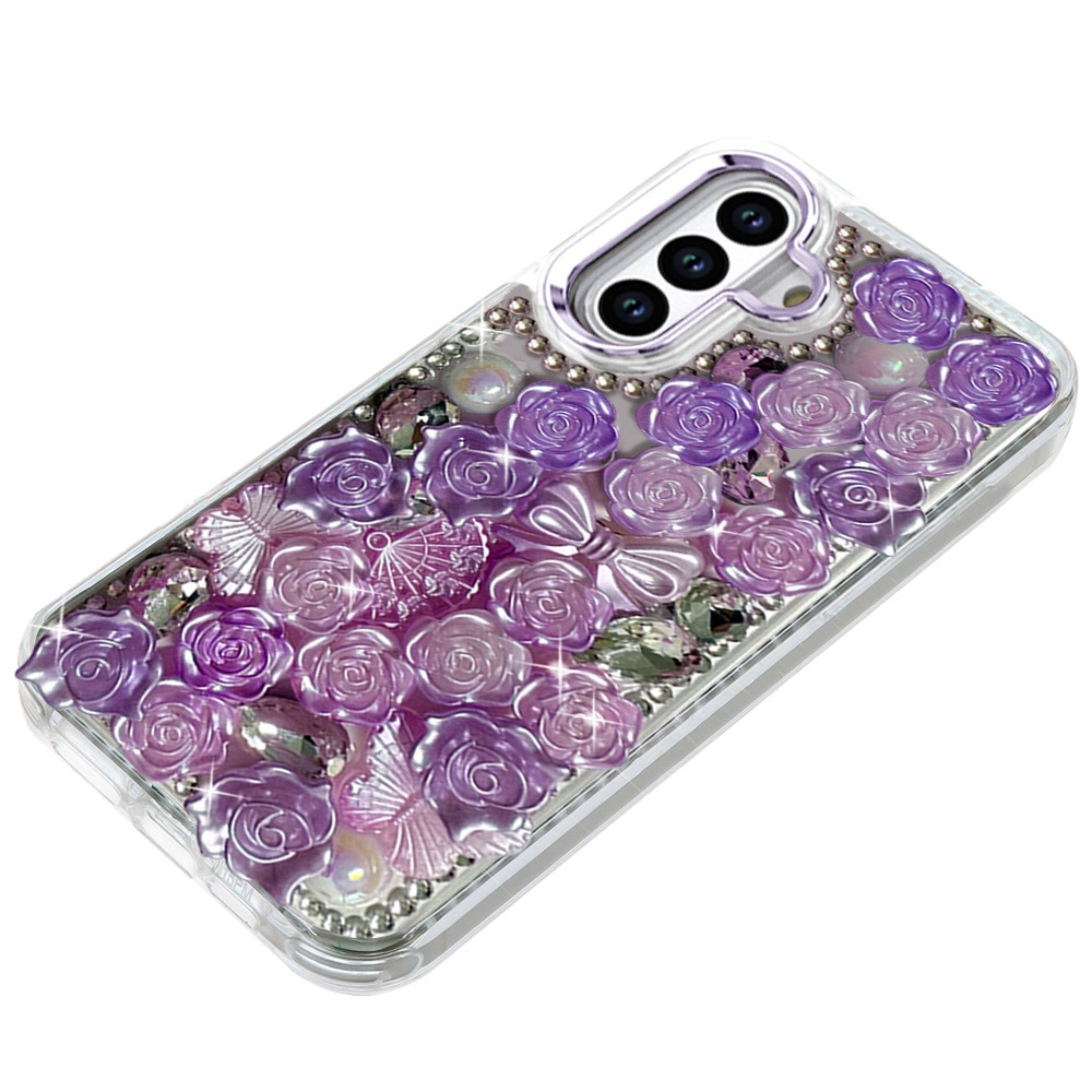 Angle. Kitcheniva - Roses Arrangement 3D Bling Cover Plus Tempered Glass For Samsung S26 Purple - Purple.