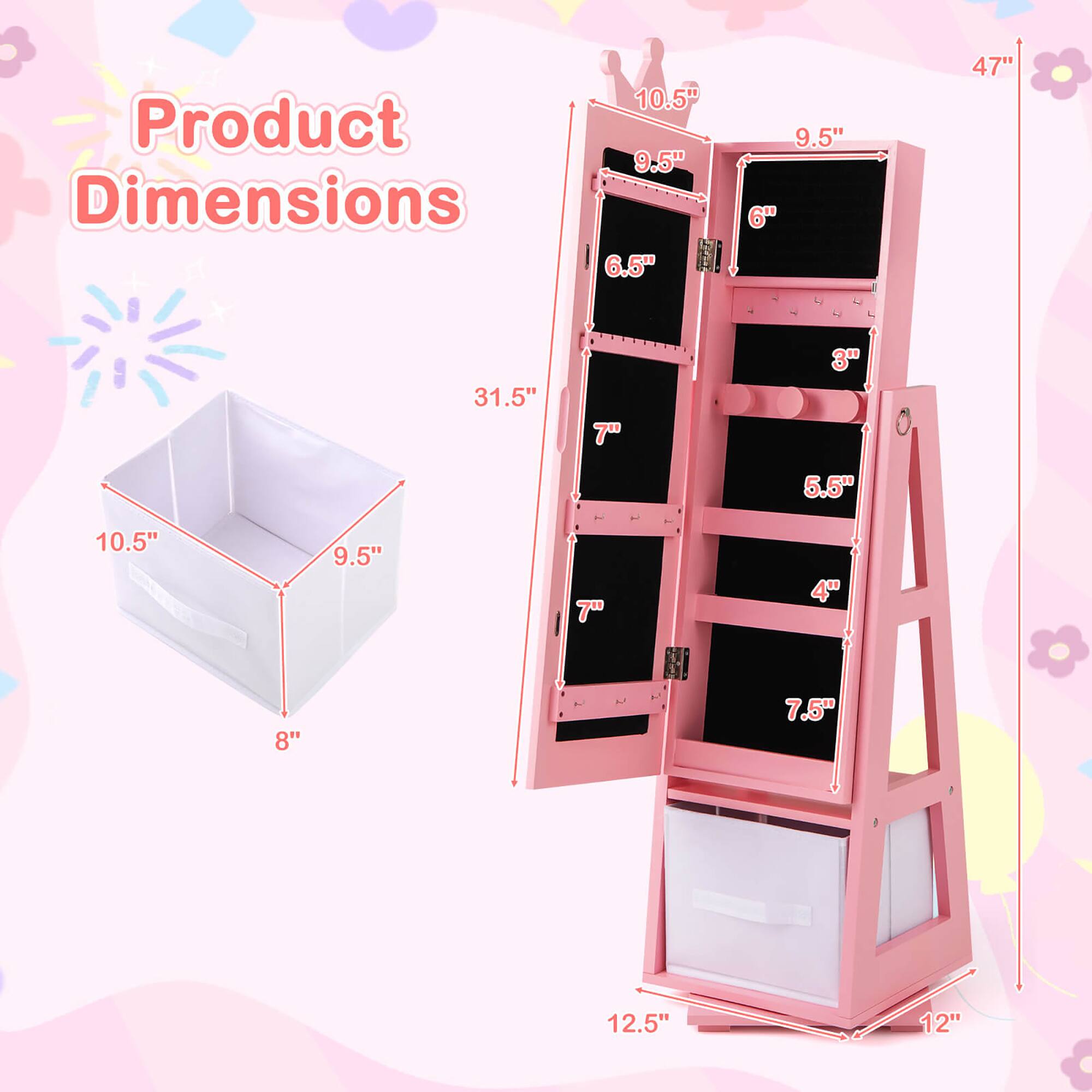 Product Dimensions

- Height: 47"
- Width: 31.5"
- Depth: 12.5"

Drawer Dimensions:
- Top Drawer: 10.5" x 9.5" x 6"
- Second Drawer: 10.5" x 9.5" x 6"
- Third Drawer: 10.5" x 9.5" x 6"
- Bottom Drawer: 10.5" x 9.5" x 6"

Shelf Dimensions:
- Top Shelf: 10.5" x 9.5" x 3"
- Second Shelf: 10.5" x 9.5" x 4"
- Third Shelf: 10.5" x 9.5" x 5.5"

Box Dimensions:
- 10.5" x 8" x 9.5"
